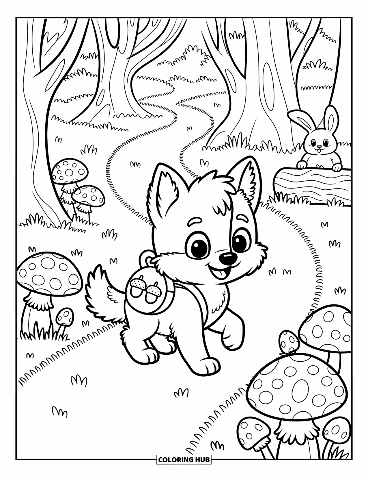 Kolorowanka z wilkiem dla dorosłych: Szczeniak wilka z plecakiem odkrywa leśną ścieżkę obsadzoną grzybami