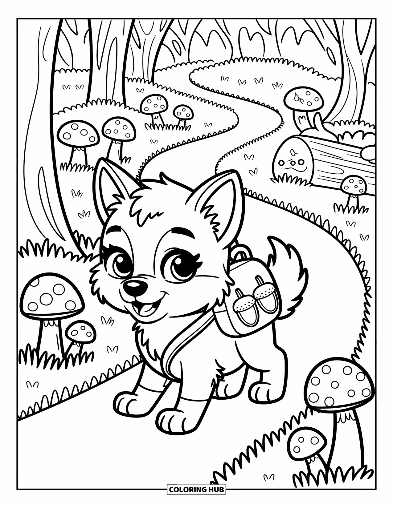 Kolorowanka z wilkiem dla dorosłych: Szczeniak wilka z małym plecakiem idzie leśną ścieżką obsadzoną grzybami
