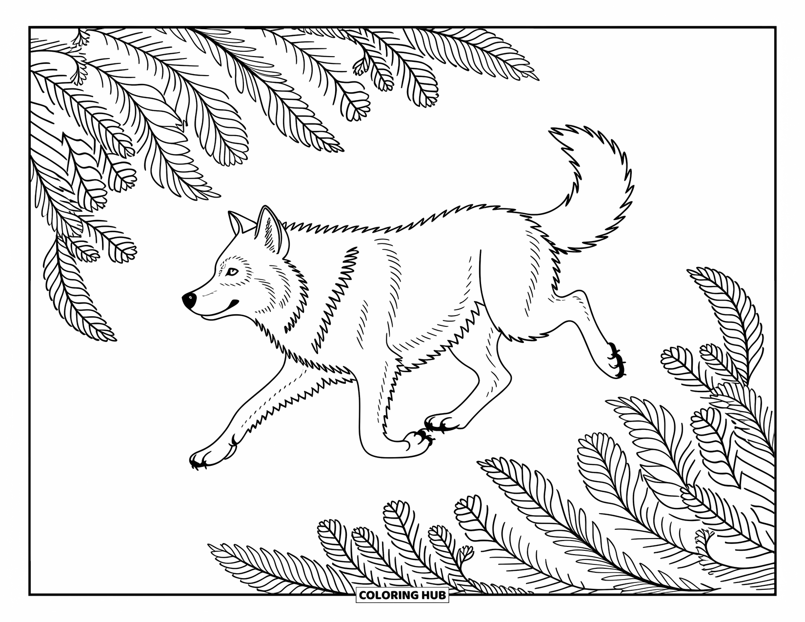 Kolorowanka z wilkiem dla dorosłych: Wilk biegnący wśród wirujących liści i delikatnych kwiatów z misternymi wzorami