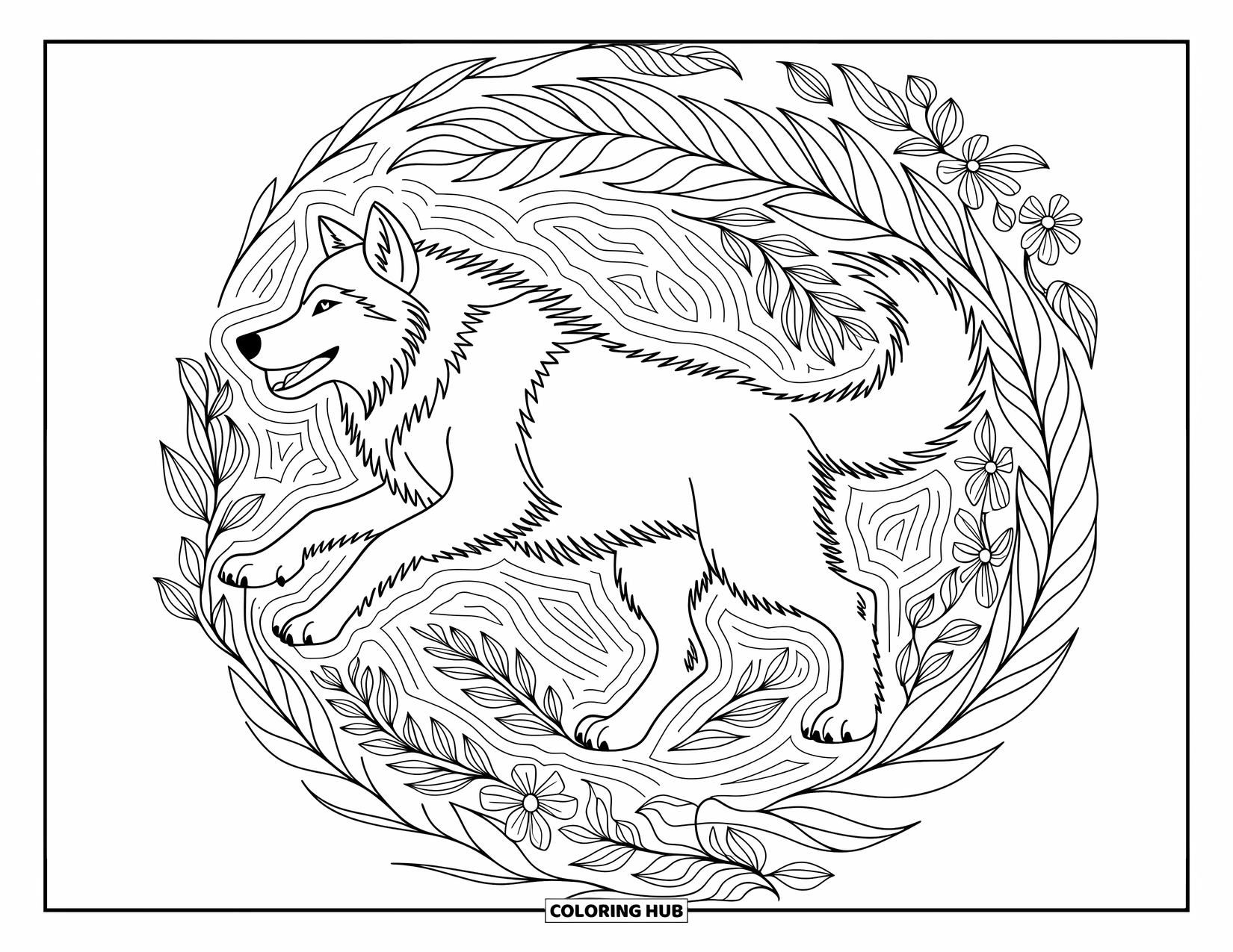 Kolorowanka z wilkiem dla dorosłych: Wilk biegnący przez wir liści i kwiatów z misternymi wzorami