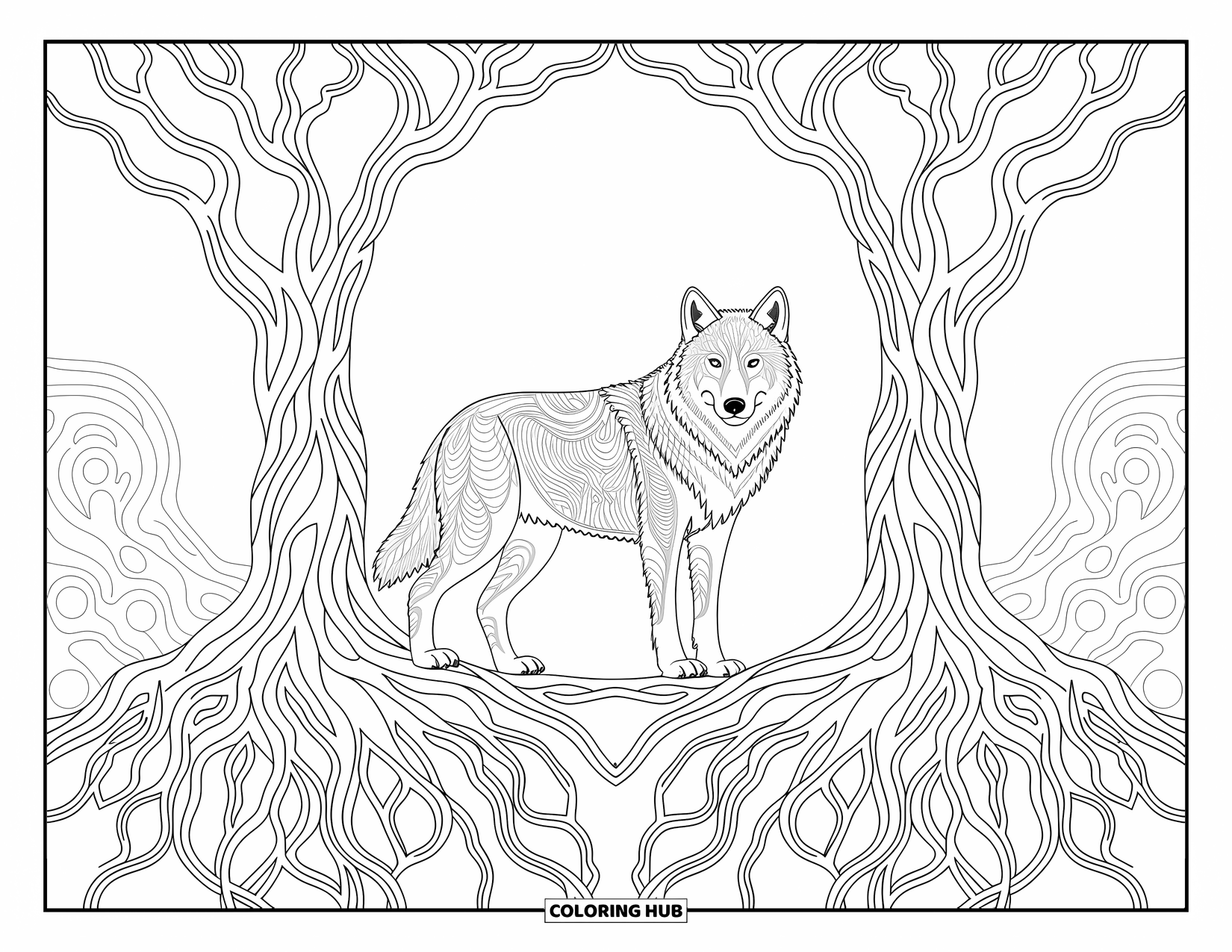 Kolorowanka z wilkiem dla dorosłych: Wilk stojący wysoko między drzewami z wirującymi korzeniami i wzorami