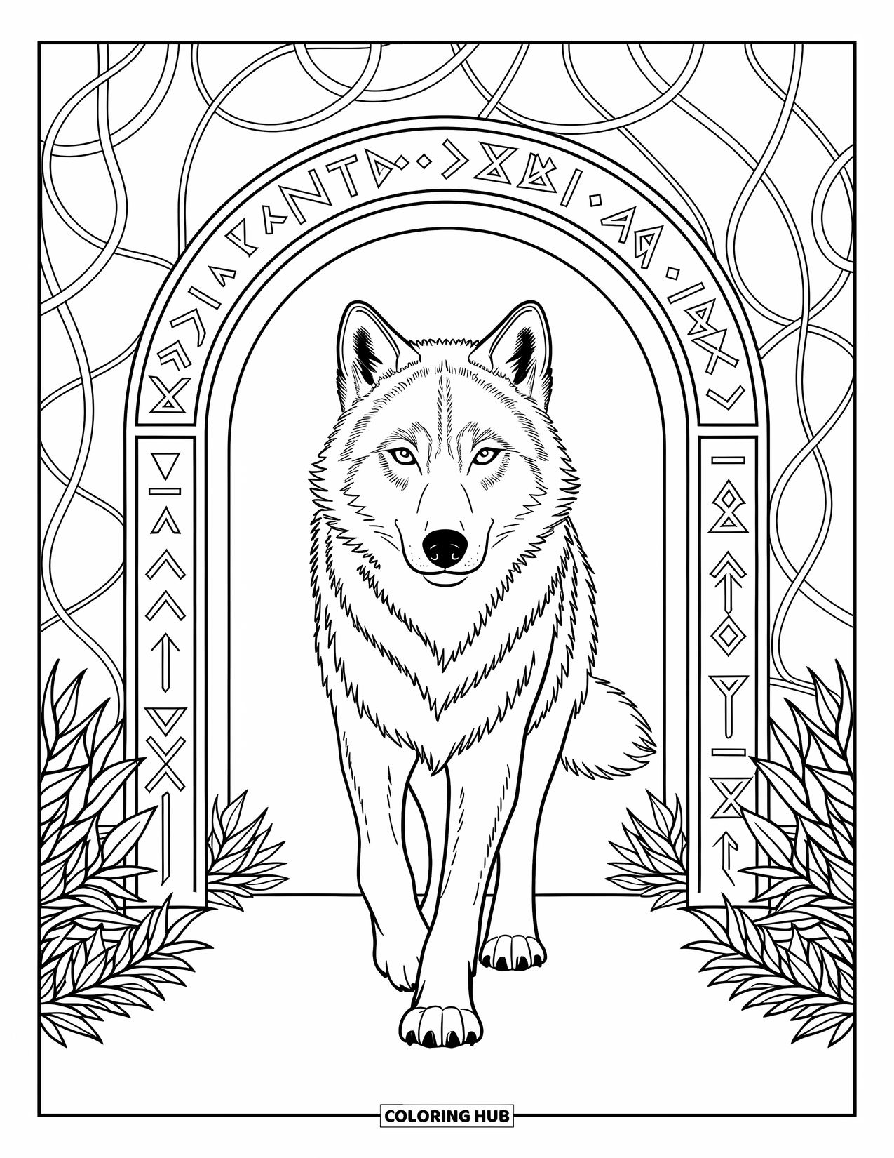 Kolorowanka z wilkiem dla dorosłych: Wilk idący przez łuk ze starożytnymi runami i misternymi wzorami