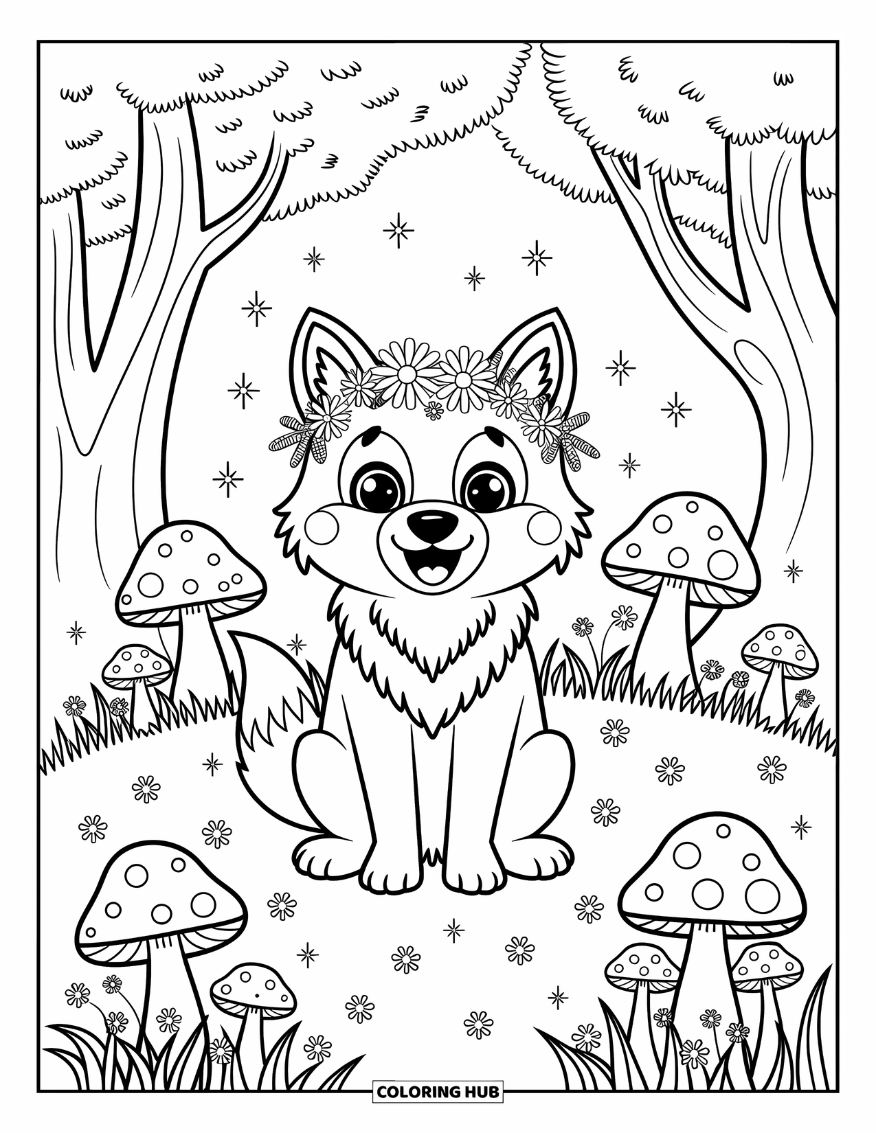 Kolorowanka z wilkiem dla dorosłych: Wilk w wianku z kwiatów siedzi wśród kwitnących roślin i grzybów, iskrząc się magią