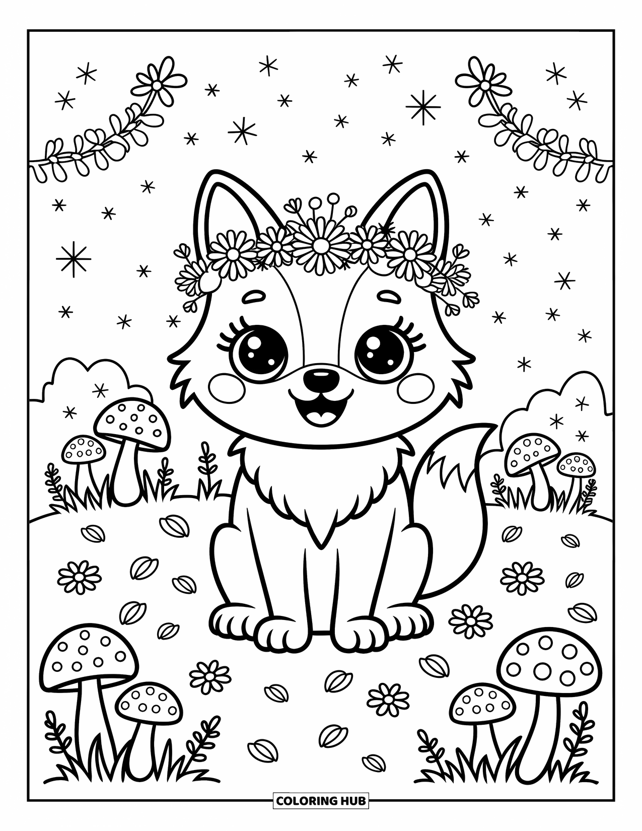 Kolorowanka z wilkiem dla dorosłych: Wilk w wianku z kwiatów siedzi wśród grzybów i kwitnących roślin, iskrząc się magią