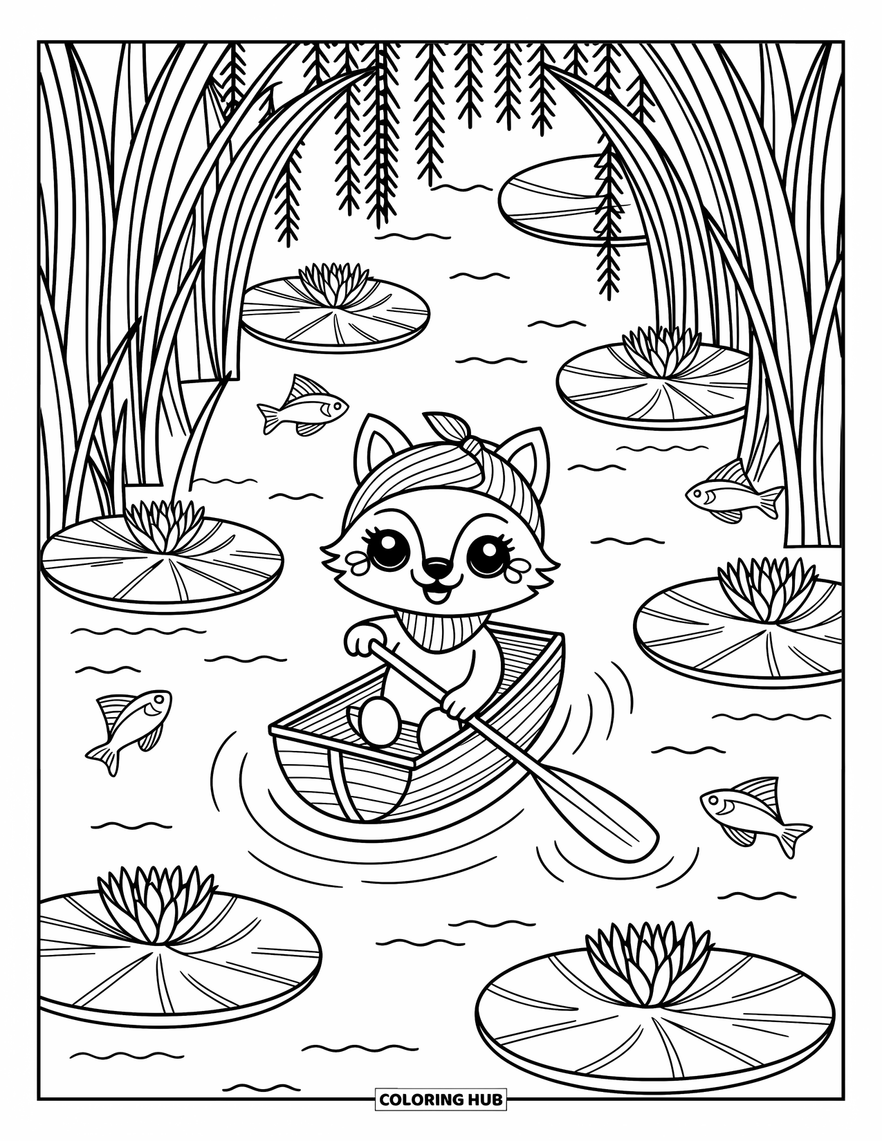 Kolorowanka z wilkiem dla dorosłych: Wilk z pasiastym bandanie wiosłuje łódką wśród lilii wodnych i figlarnych ryb