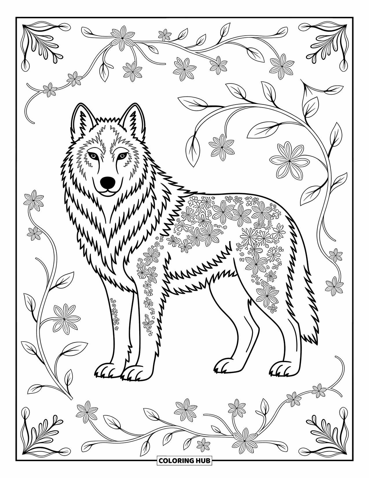 Kolorowanka z wilkiem dla dorosłych: Wilk z kwiatowymi wzorami w futrze i misternymi pnączami dookoła