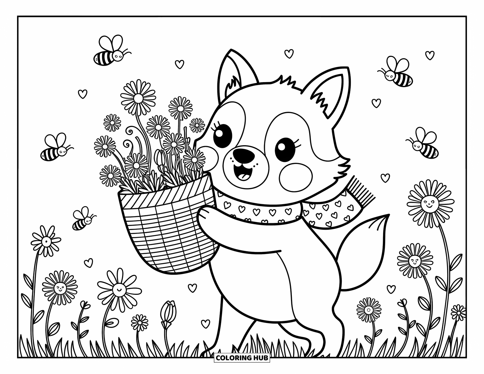 Kolorowanka z wilkiem dla dorosłych: Wilk z kwiatami spotyka pszczoły i motyle na ukwieconej łące