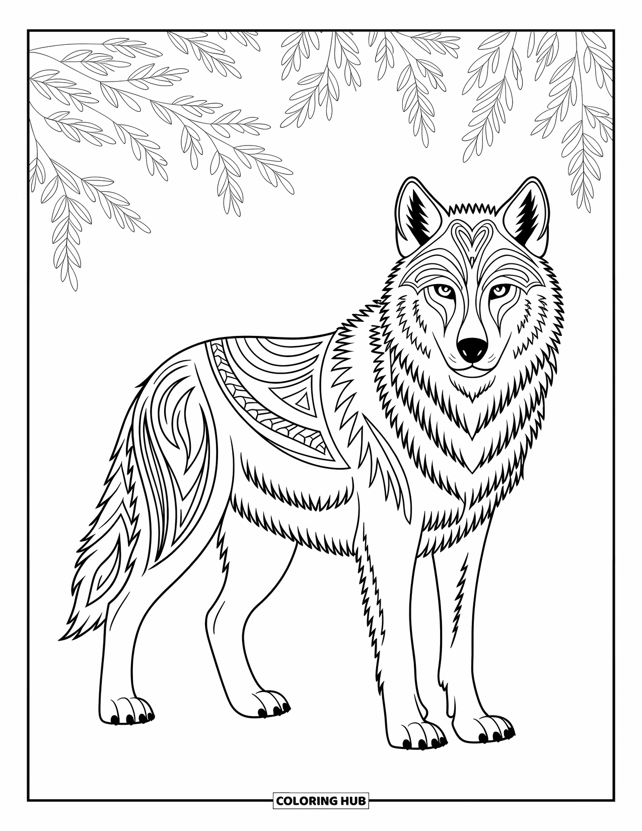 Kolorowanka z wilkiem dla dorosłych: Wilk z plemiennymi wzorami stojący wśród szczegółowych liści i pnączy