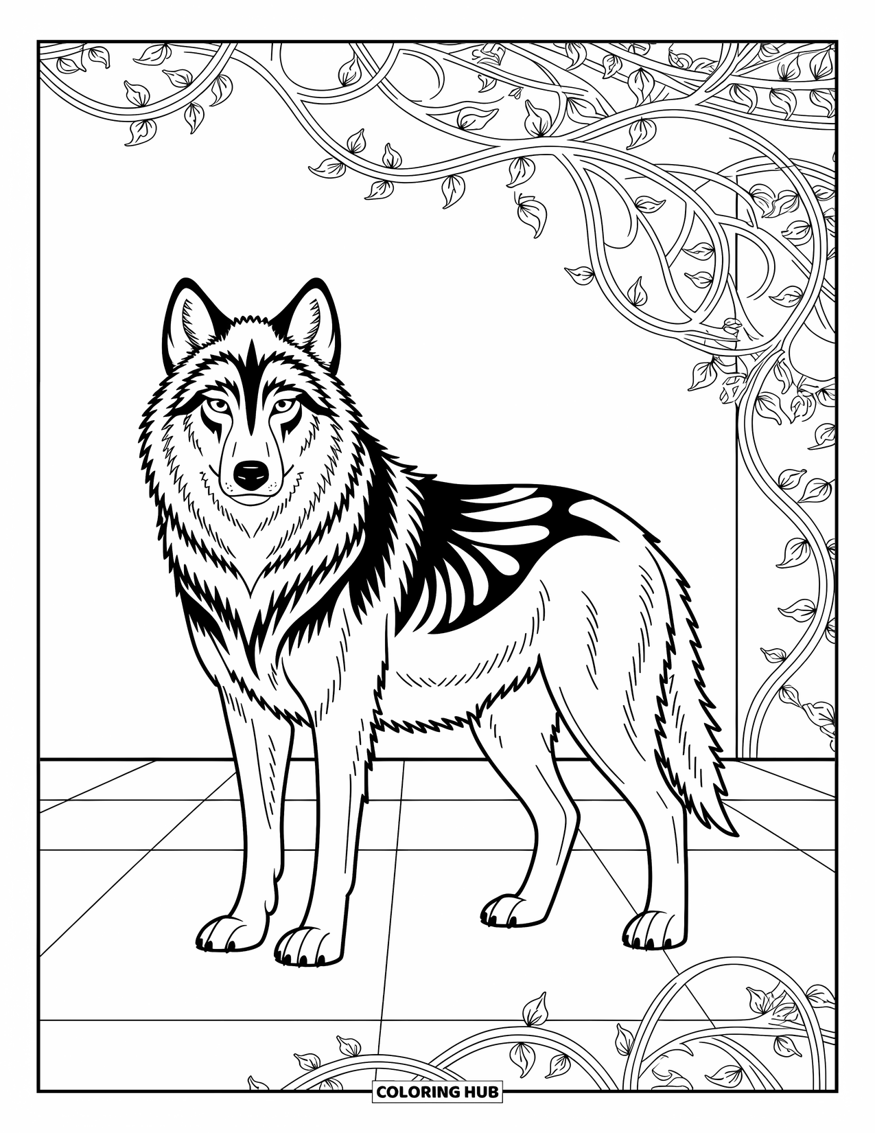 Kolorowanka z wilkiem dla dorosłych: Wilk z plemiennymi znakami otoczony wirującymi pnączami i misternymi wzorami