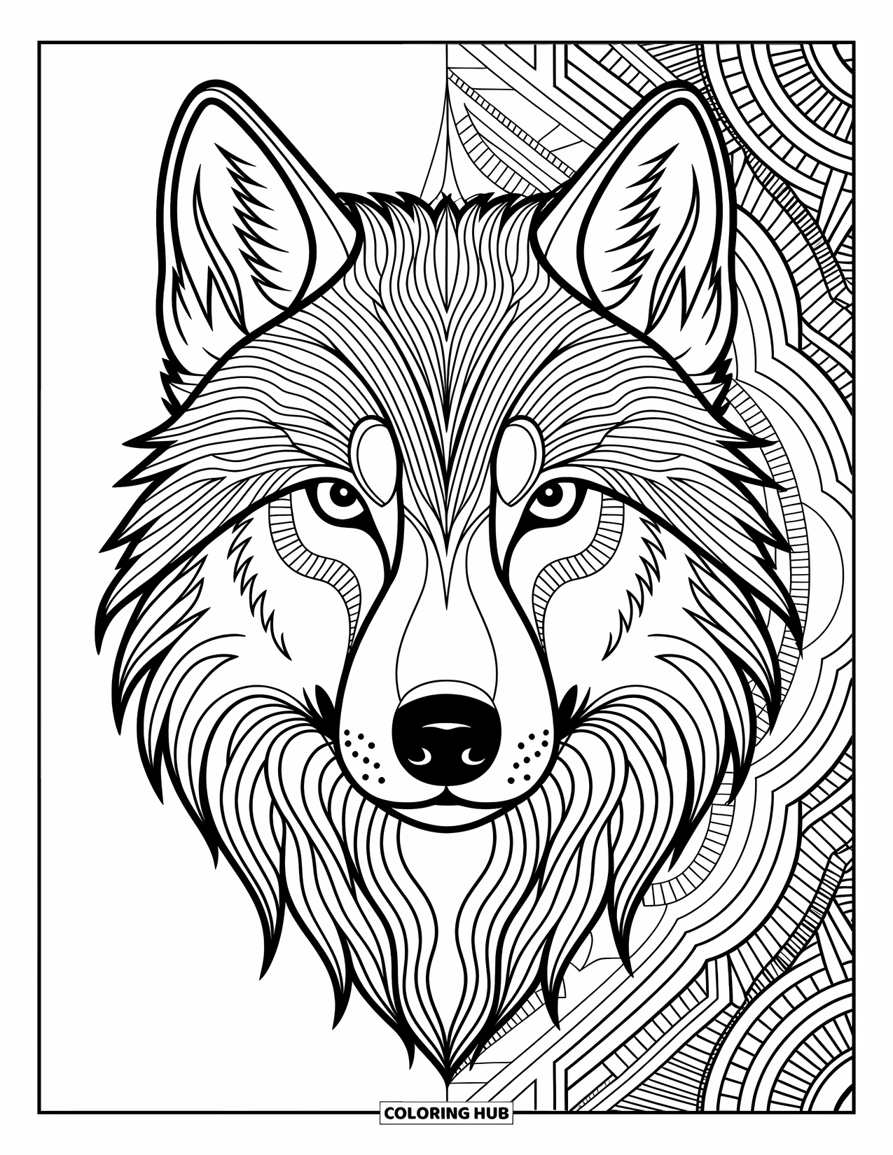 Kolorowanka z wilkiem dla dorosłych: Twarz wilka otoczona mandalami z misternymi i szczegółowymi wzorami