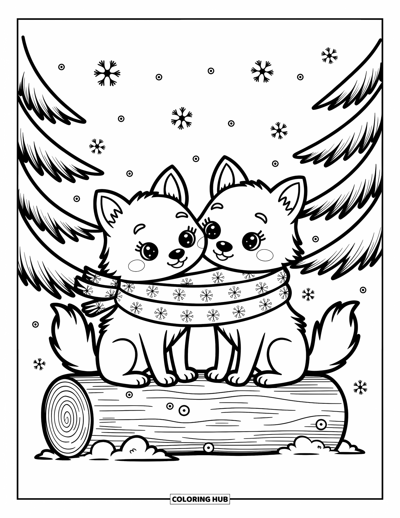 Kolorowanka z wilkiem dla dorosłych: Dwa wilki dzielą się szalikiem w płatki śniegu na kłodzie, otoczone płatkami śniegu