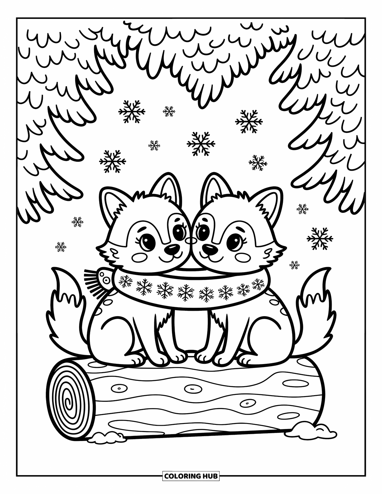 Kolorowanka z wilkiem dla dorosłych: Dwa wilki dzielą się szalikiem w płatki śniegu na kłodzie, a w pobliżu świecą świetliki