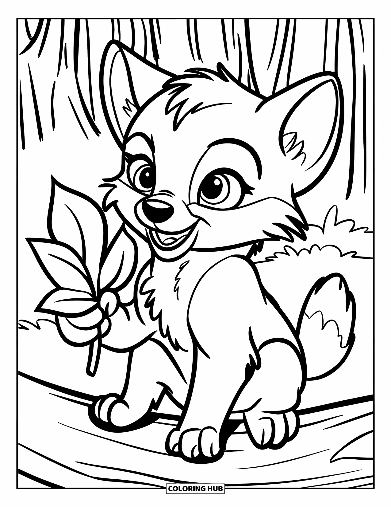 Kolorowanka z wilkiem dla dzieci: Mały wilczek trzyma z ciekawością duży liść