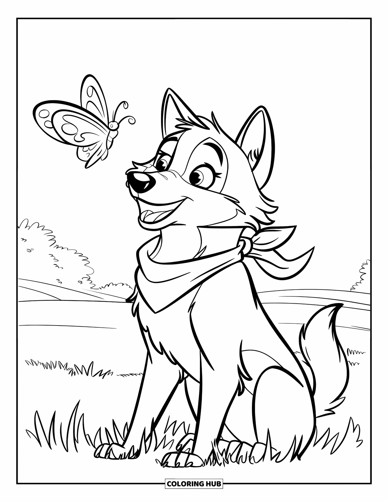 Kolorowanka z wilkiem dla dzieci: Wesoły wilk w szaliku bawi się z trzepoczącym motylem