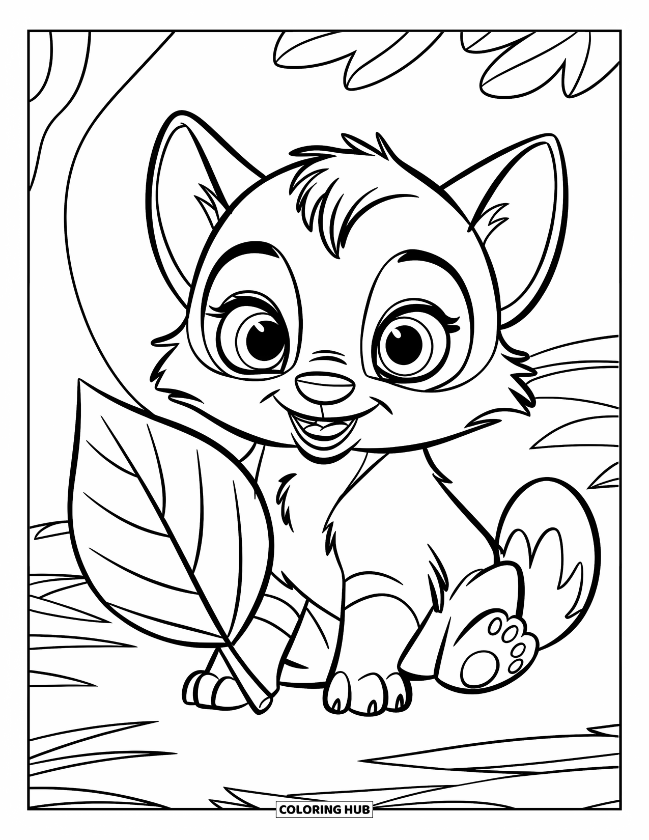 Kolorowanka z wilkiem dla dzieci: Ciekawski szczeniak wilka trzyma duży liść w łapach