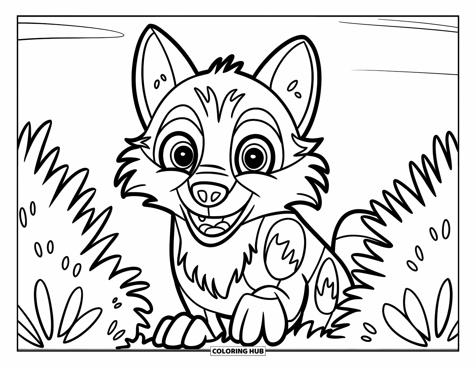 Kolorowanka z wilkiem dla dzieci: Uroczy wilk wygląda zza krzaka z dużymi oczami