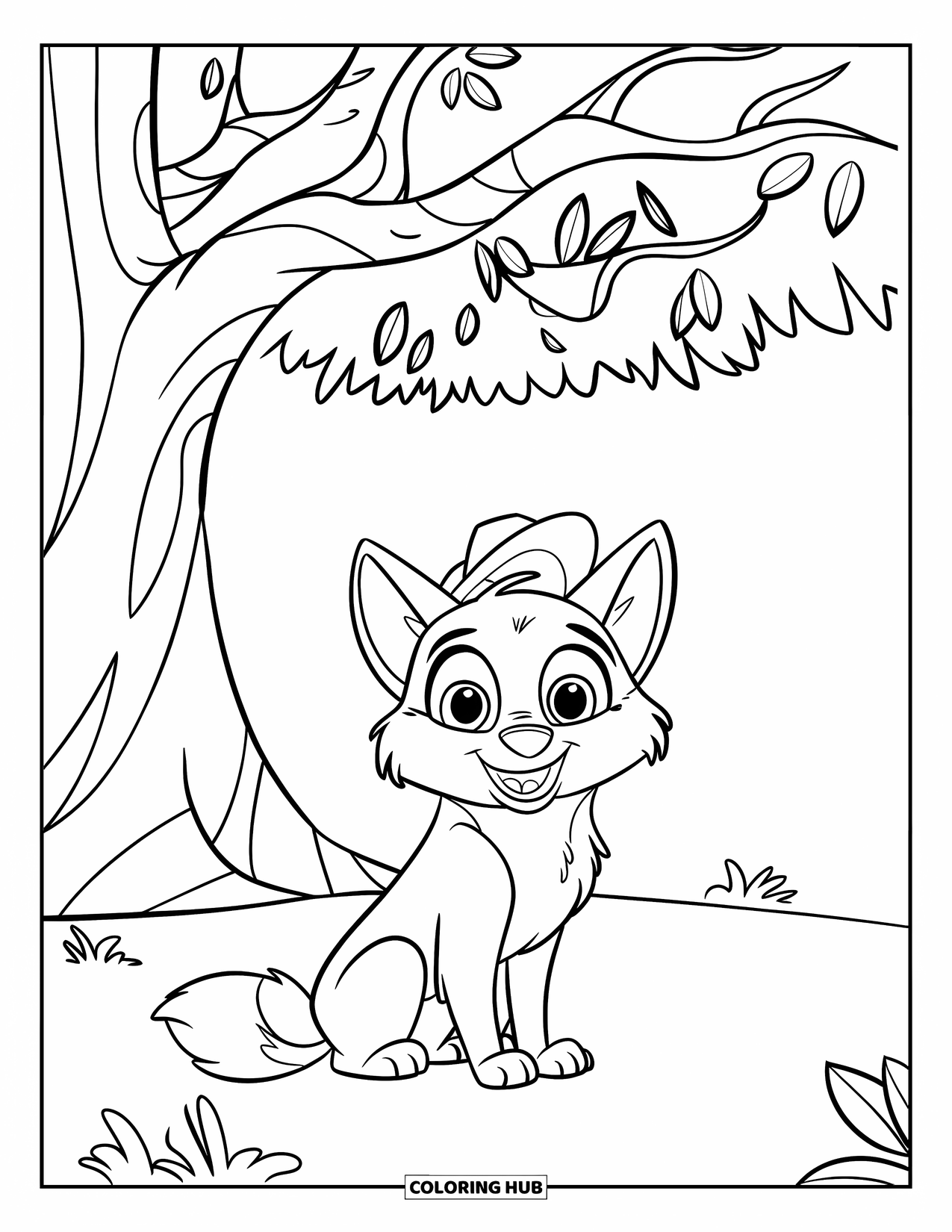 Kolorowanka z wilkiem dla dzieci: Uroczy wilk z przyjaznym uśmiechem siedzi pod dużym drzewem