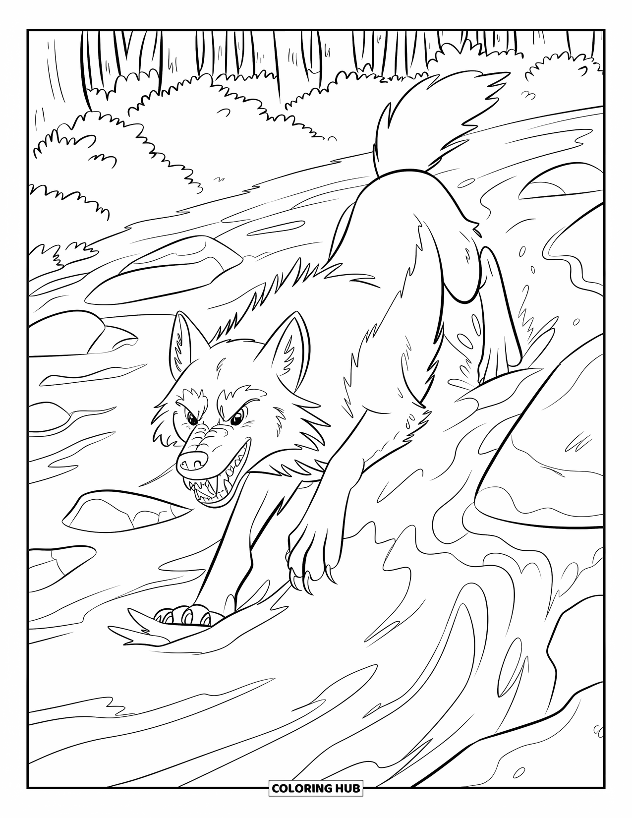 Kolorowanka z wilkiem dla dzieci: Groźny wilk przeskakuje przez skały w pędzącej rzece