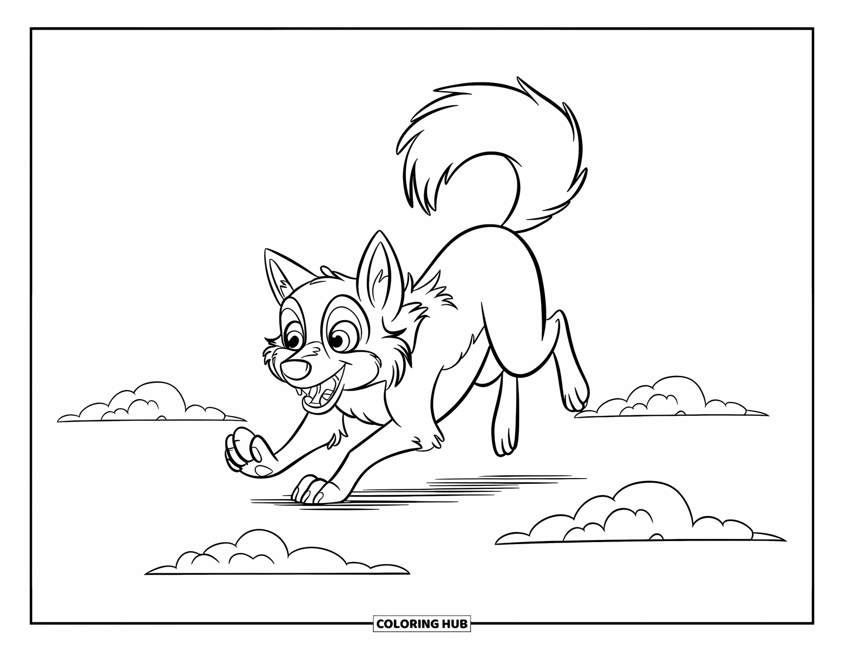 Kolorowanka z wilkiem dla dzieci: Puszysty wilk goni swój ogon z radosnym wyglądem