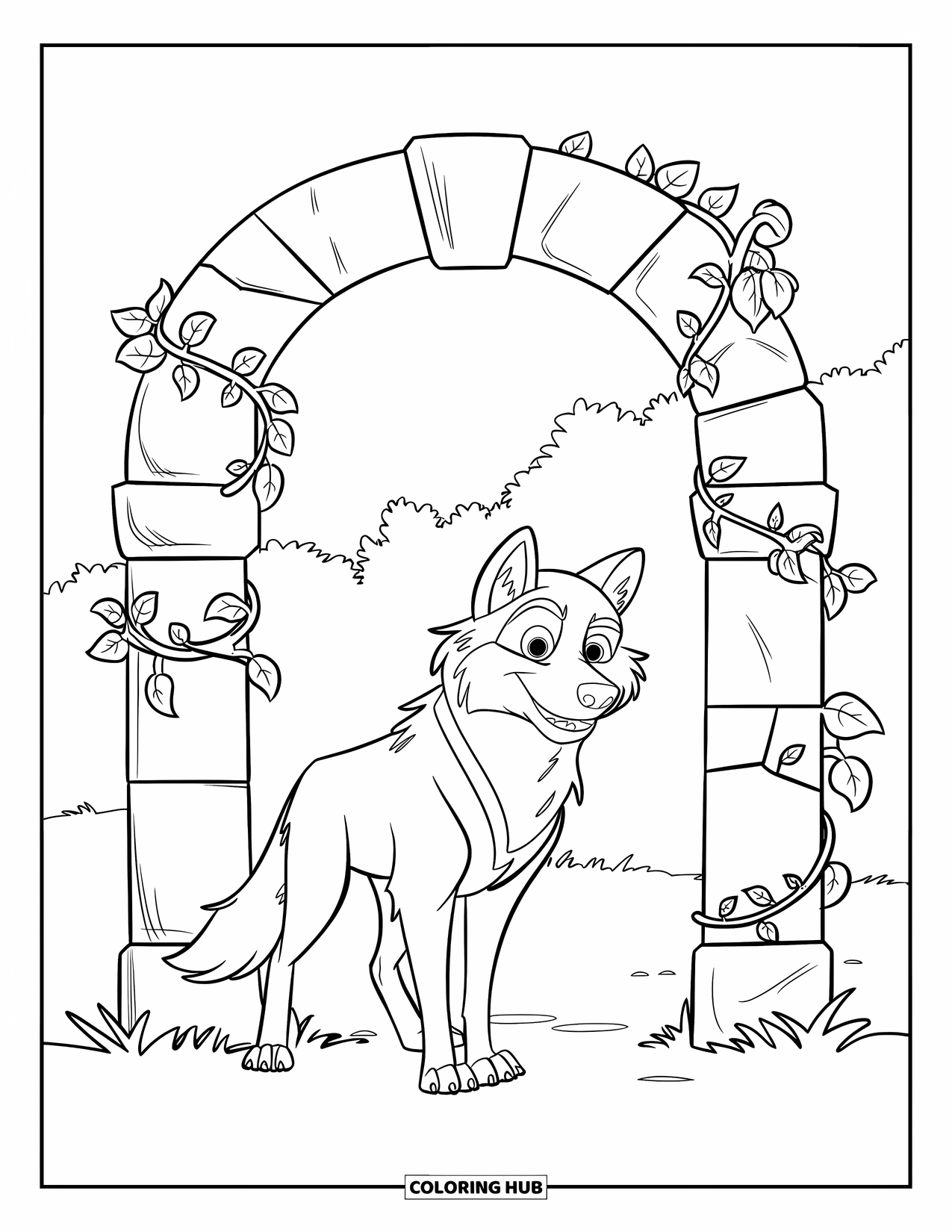 Kolorowanka z wilkiem dla dzieci: Puszysty wilk z obrożą stoi przy łuku porośniętym winoroślą