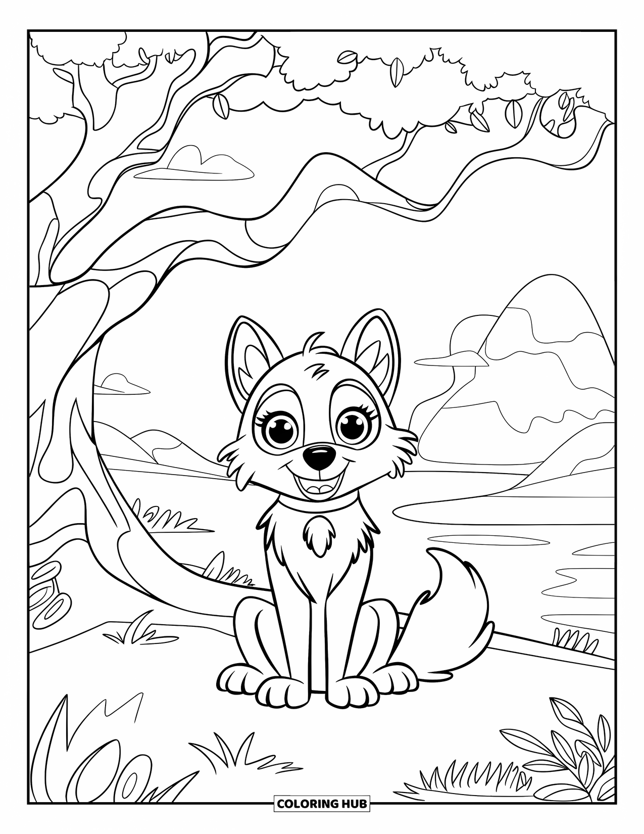 Kolorowanka z wilkiem dla dzieci: Przyjazny wilk z obrożą siedzi pod cienistym drzewem