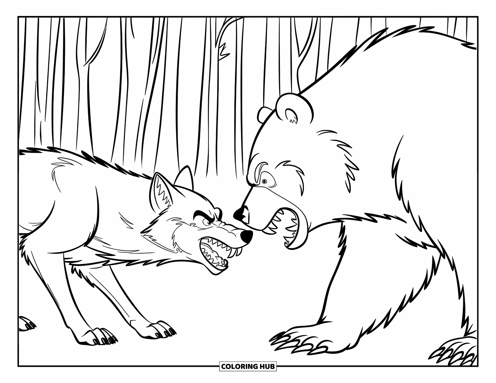 Kolorowanka z wilkiem dla dzieci: Warczący wilk i niedźwiedź stoją naprzeciw siebie w lesie