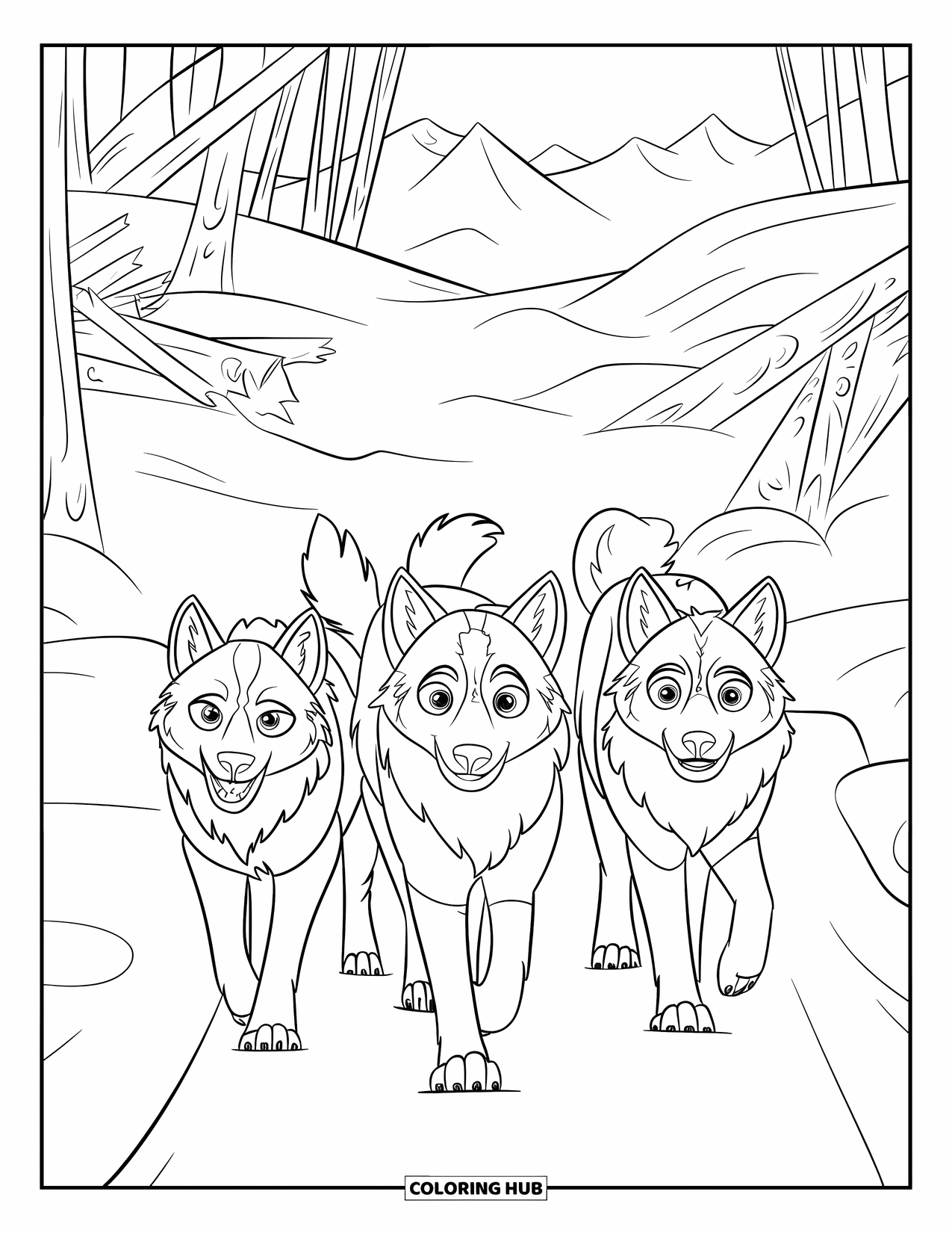 Kolorowanka z wilkiem dla dzieci: Stado wilków przemieszcza się przez śnieżny las z powalonymi drzewami