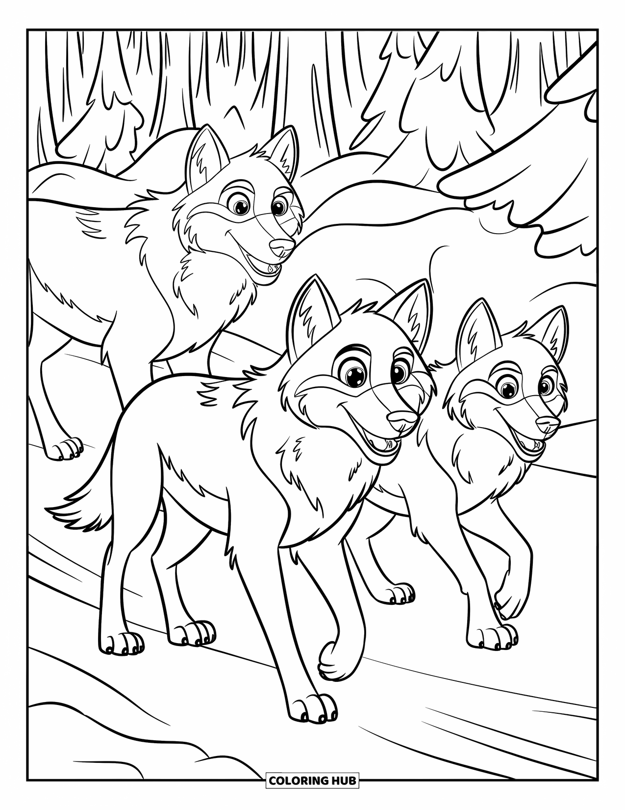 Kolorowanka z wilkiem dla dzieci: Stado wilków wędruje przez śnieżną leśną ścieżkę