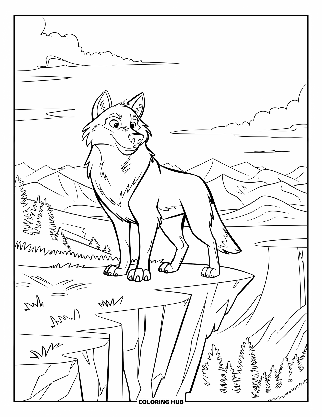 Kolorowanka z wilkiem dla dzieci: Dumny wilk stoi na klifie z widokiem na odległe góry
