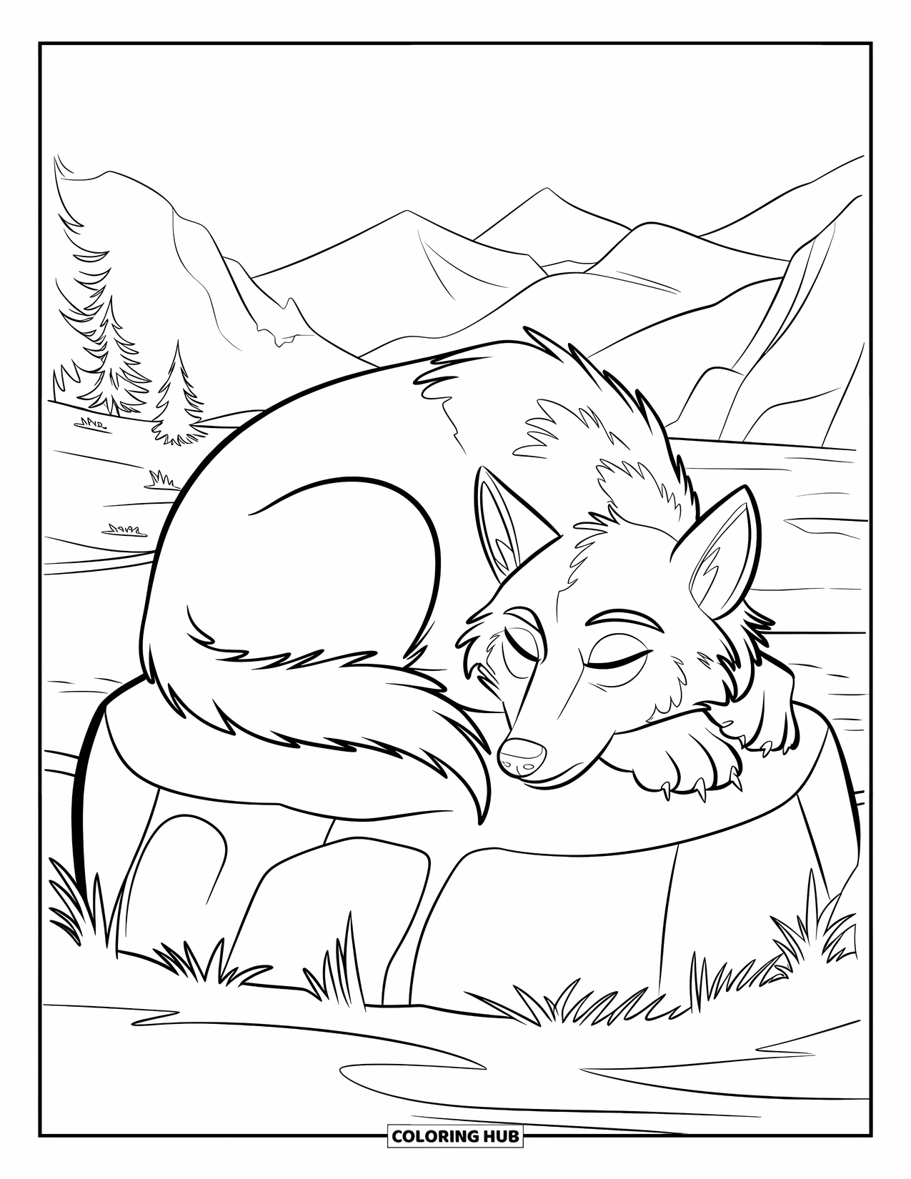 Kolorowanka z wilkiem dla dzieci: Śpiący wilk zwija się spokojnie na skale