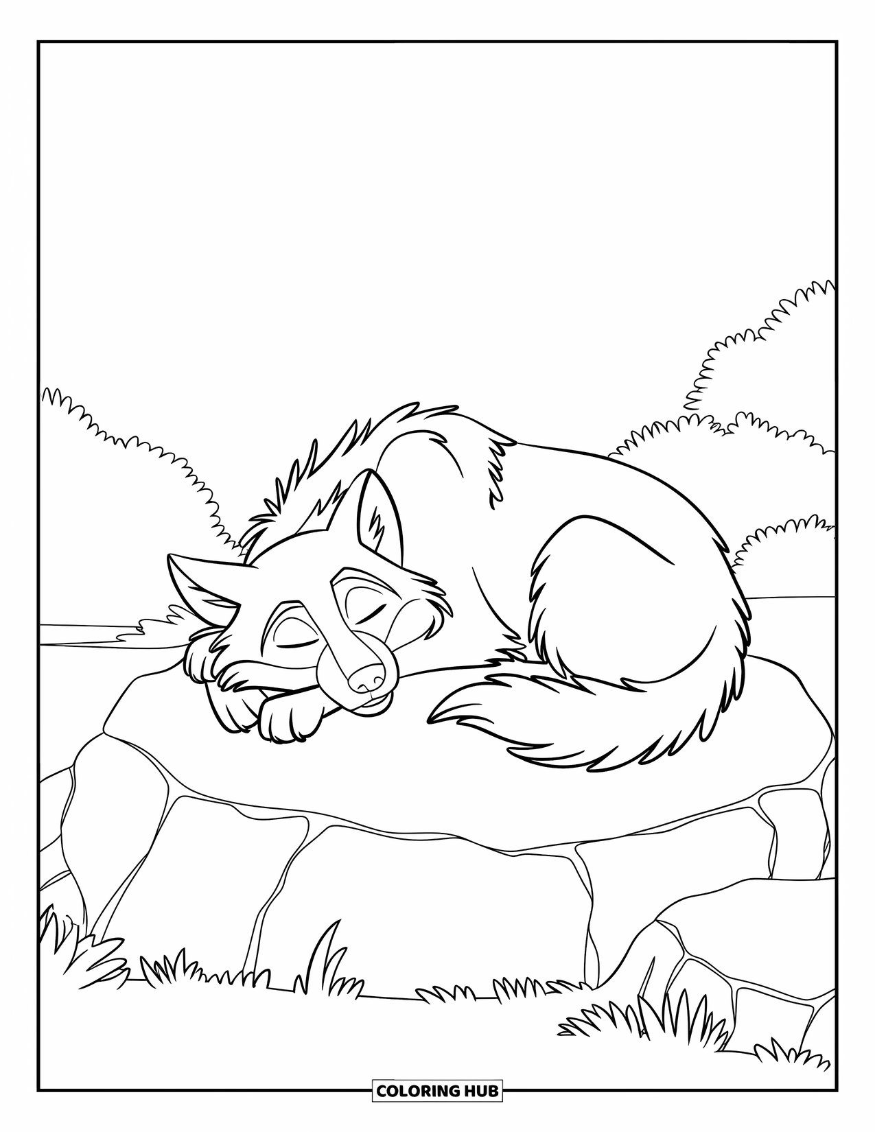 Kolorowanka z wilkiem dla dzieci: Śpiący wilk leży na skale z zamkniętymi oczami