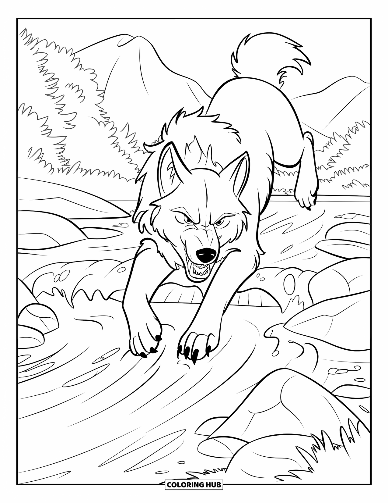 Kolorowanka z wilkiem dla dzieci: Biały wilk przeskakuje przez skały w spienionej rzece
