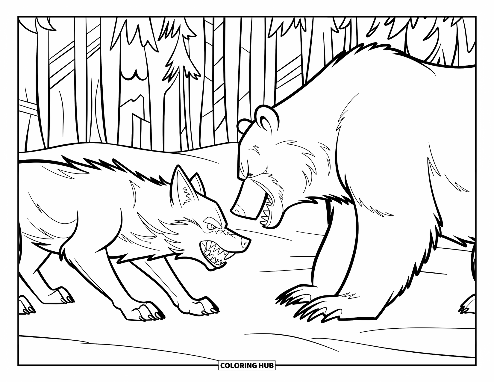 Kolorowanka z wilkiem dla dzieci: Wilk i niedźwiedź w napiętym starciu w śnieżnym lesie