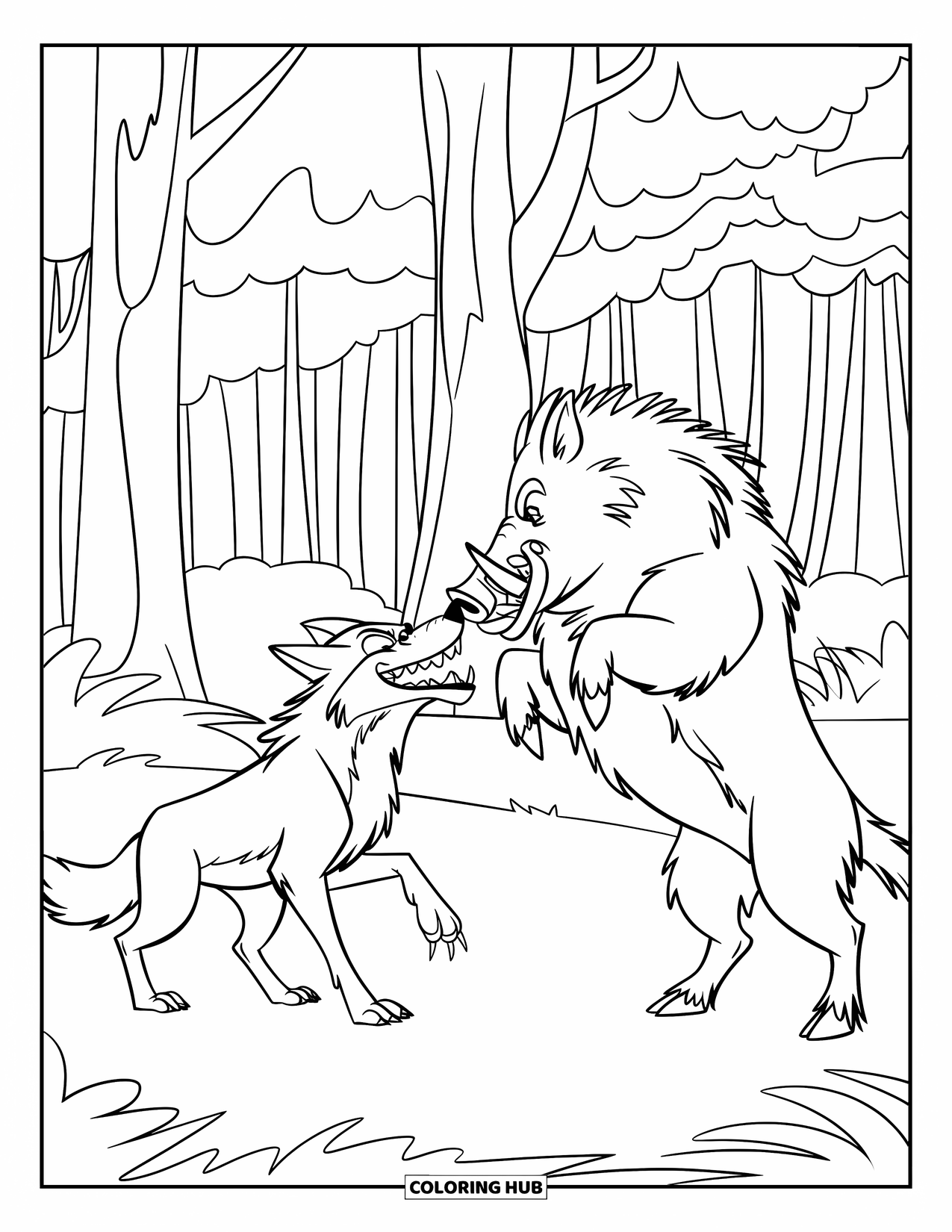 Kolorowanka z wilkiem dla dzieci: Wilk i dzik stoją naprzeciw siebie na leśnej polanie