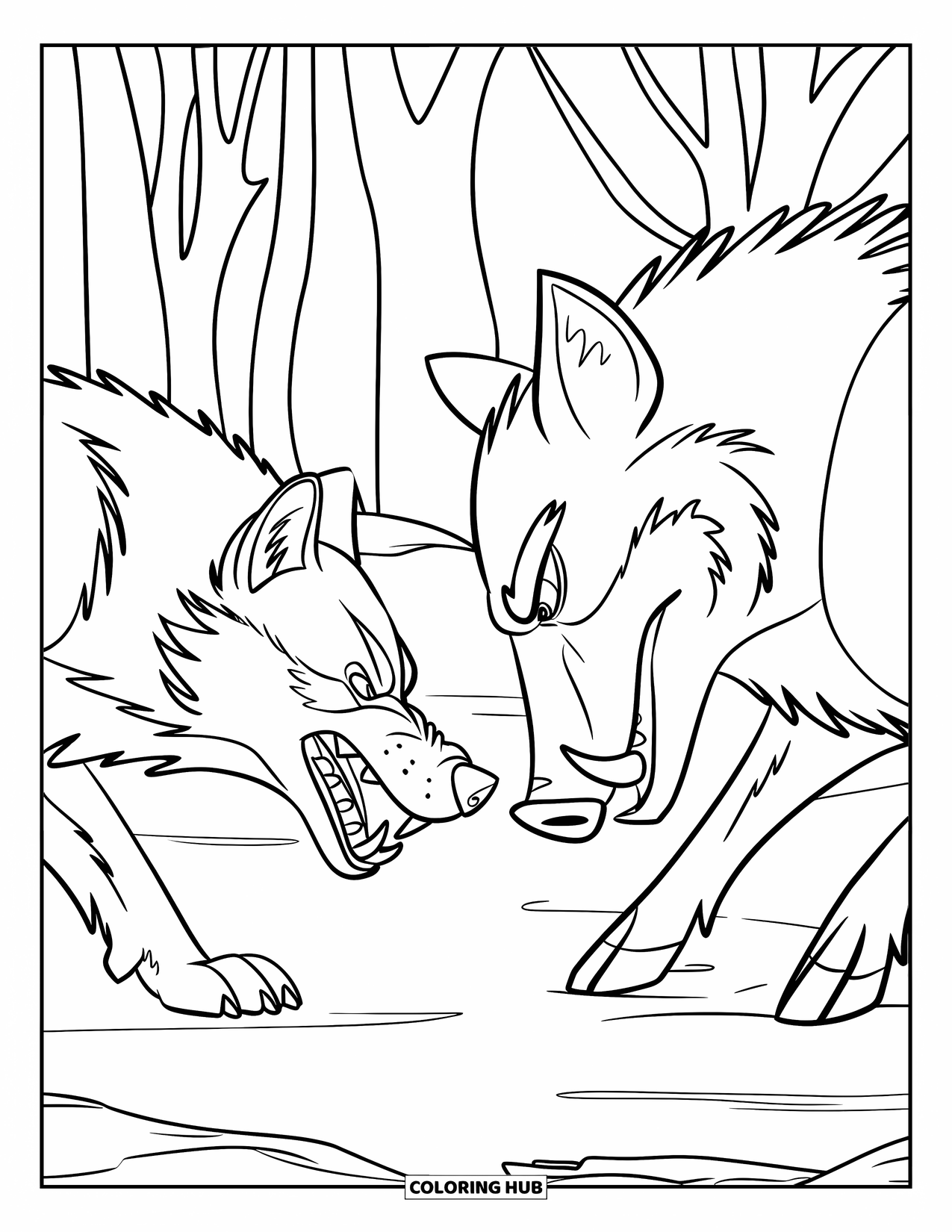 Kolorowanka z wilkiem dla dzieci: Wilk i dzik stoją naprzeciw siebie na leśnej polanie