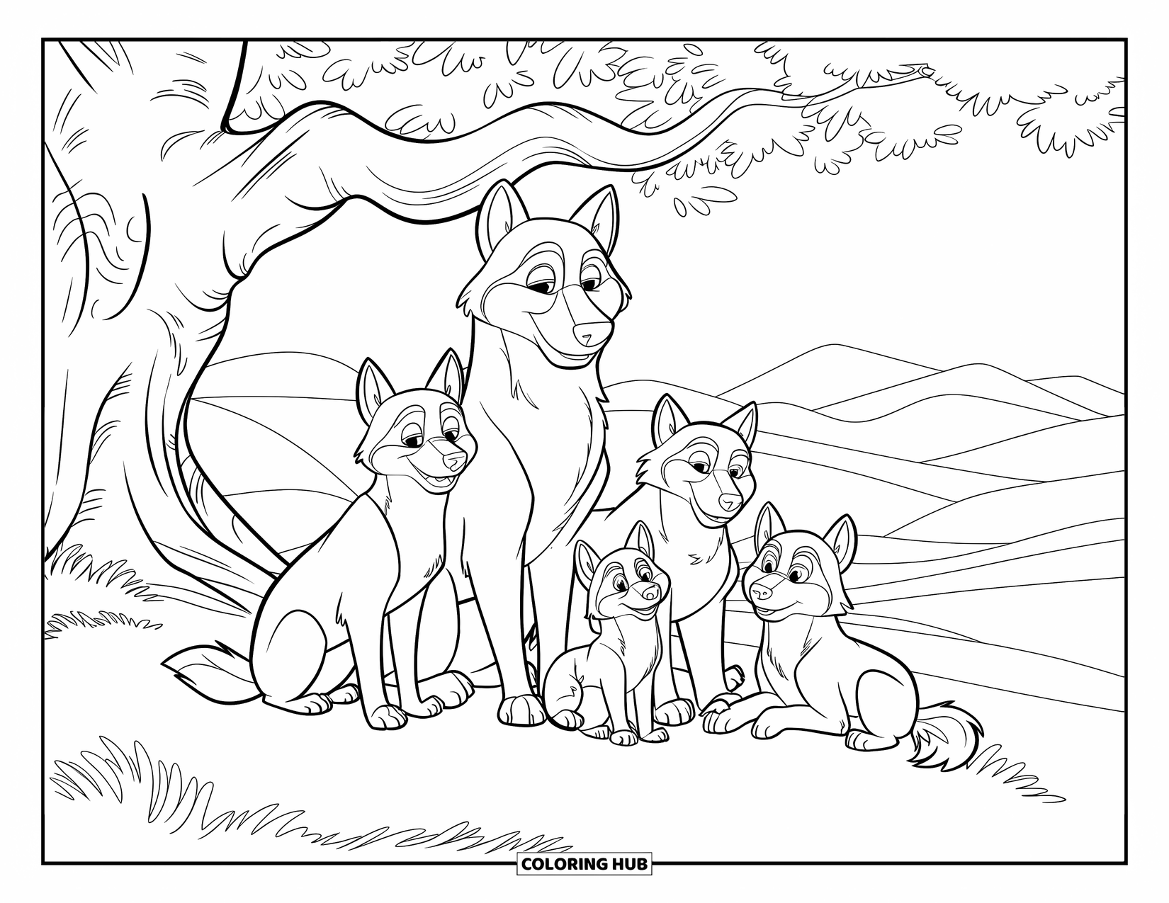 Kolorowanka z wilkiem dla dzieci: Rodzina wilków zbiera się pod dębem w spokojnym krajobrazie