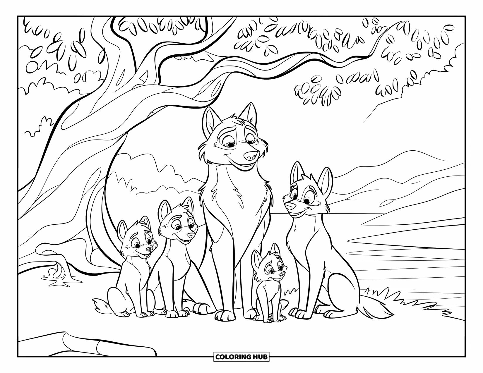 Kolorowanka z wilkiem dla dzieci: Rodzina wilków odpoczywa pod dużym dębem w spokojnym krajobrazie