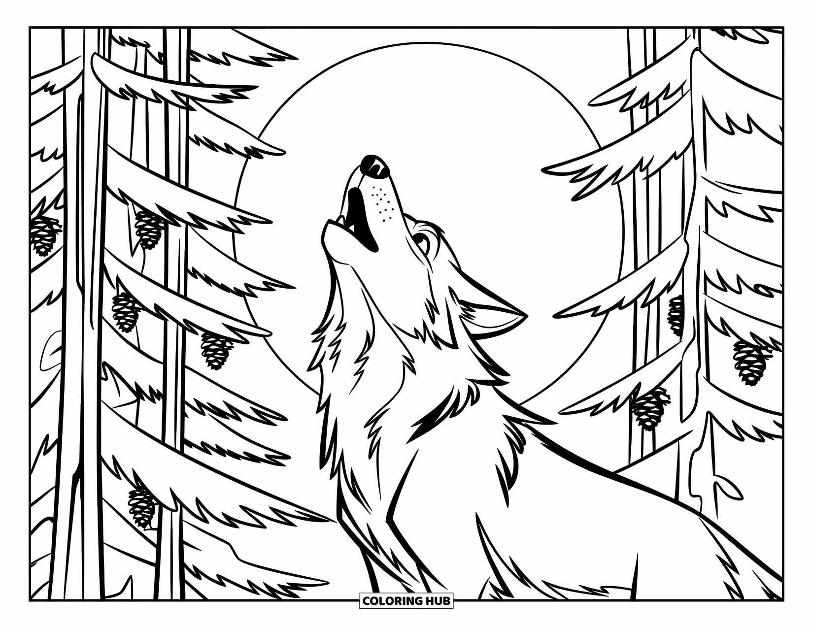 Kolorowanka z wilkiem dla dzieci: Wilk wyjący pod jasnym księżycem z otaczającymi sosnami