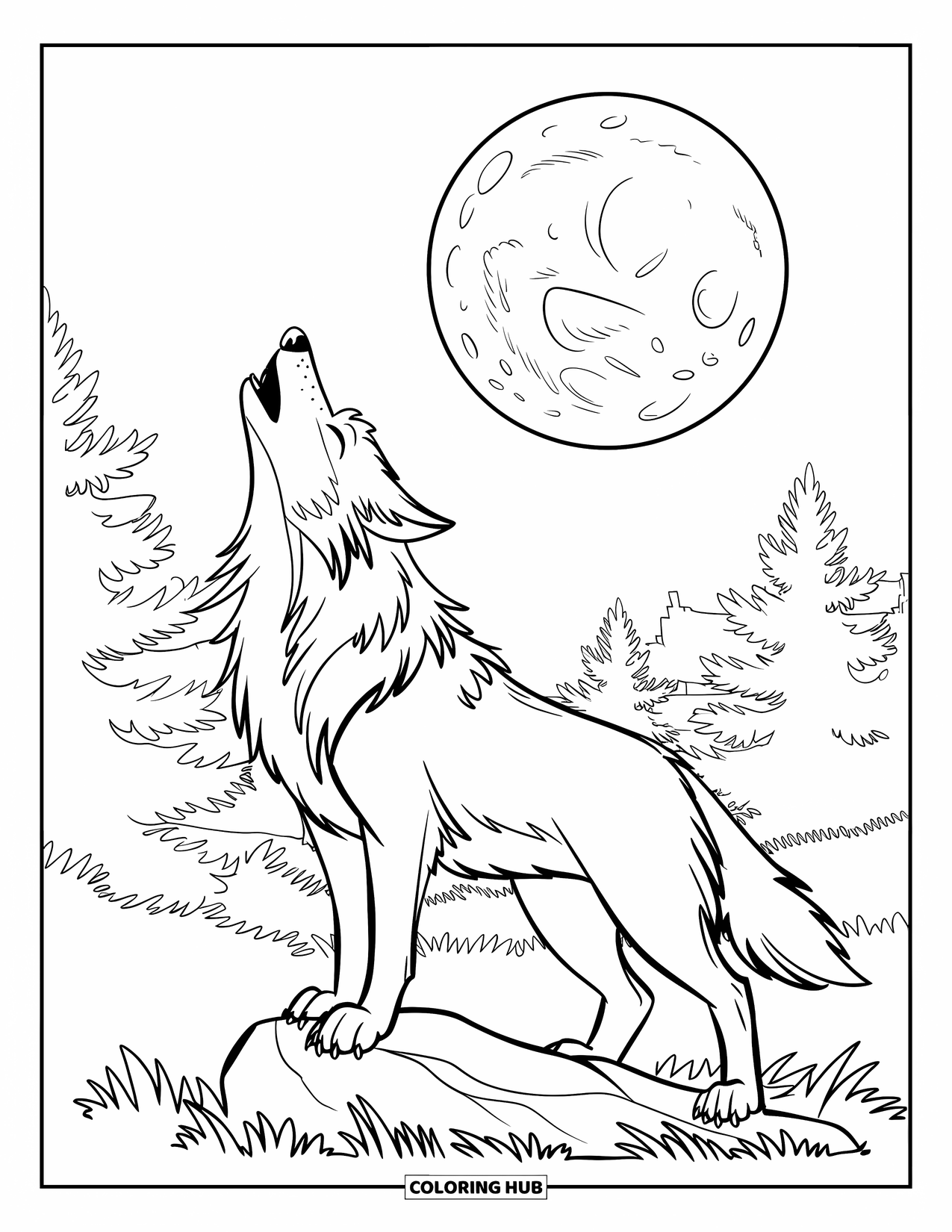 Kolorowanka z wilkiem dla dzieci: Wilk wyje do pełni księżyca z pobliskimi sosnami