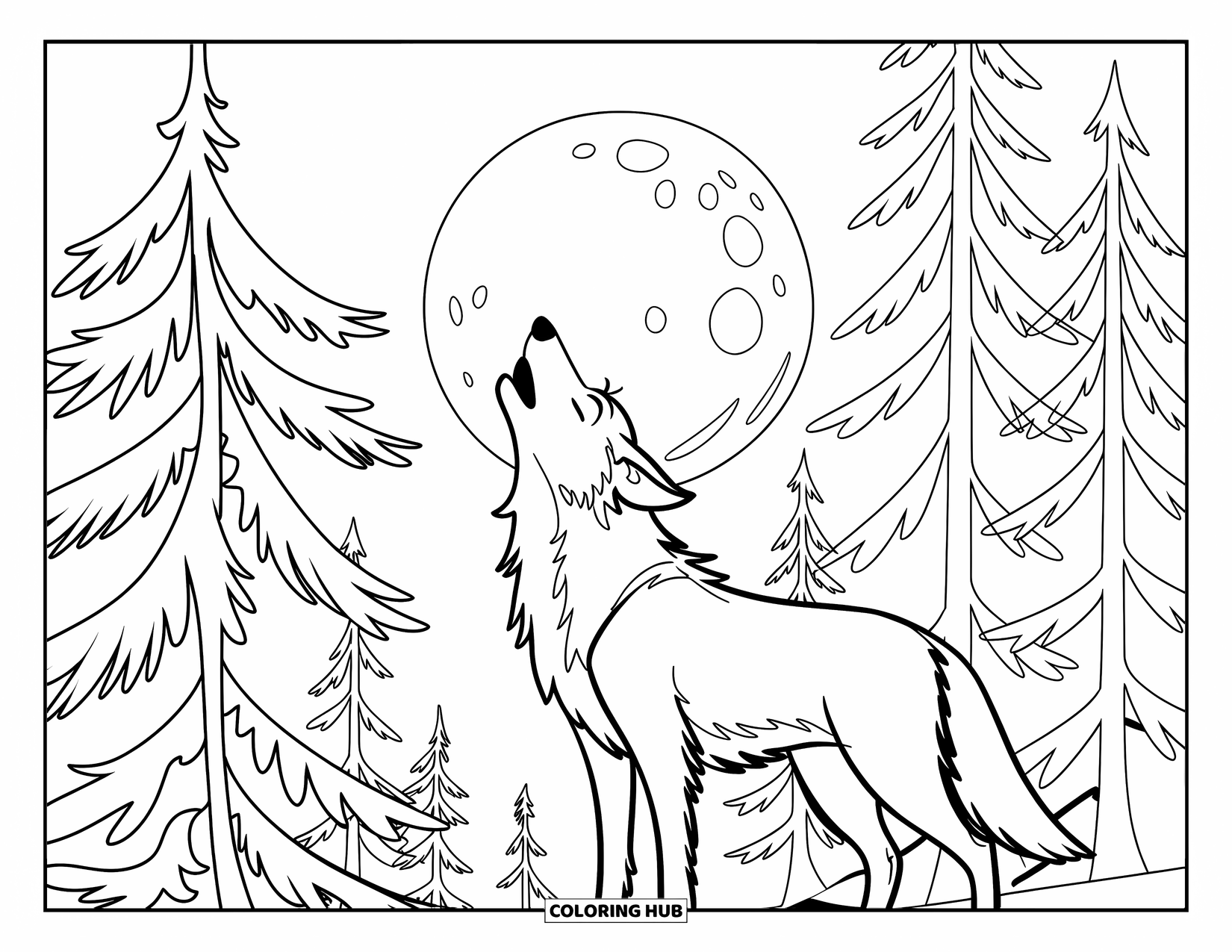 Kolorowanka z wilkiem dla dzieci: Wilk wyje do pełni księżyca wśród wysokich sosen