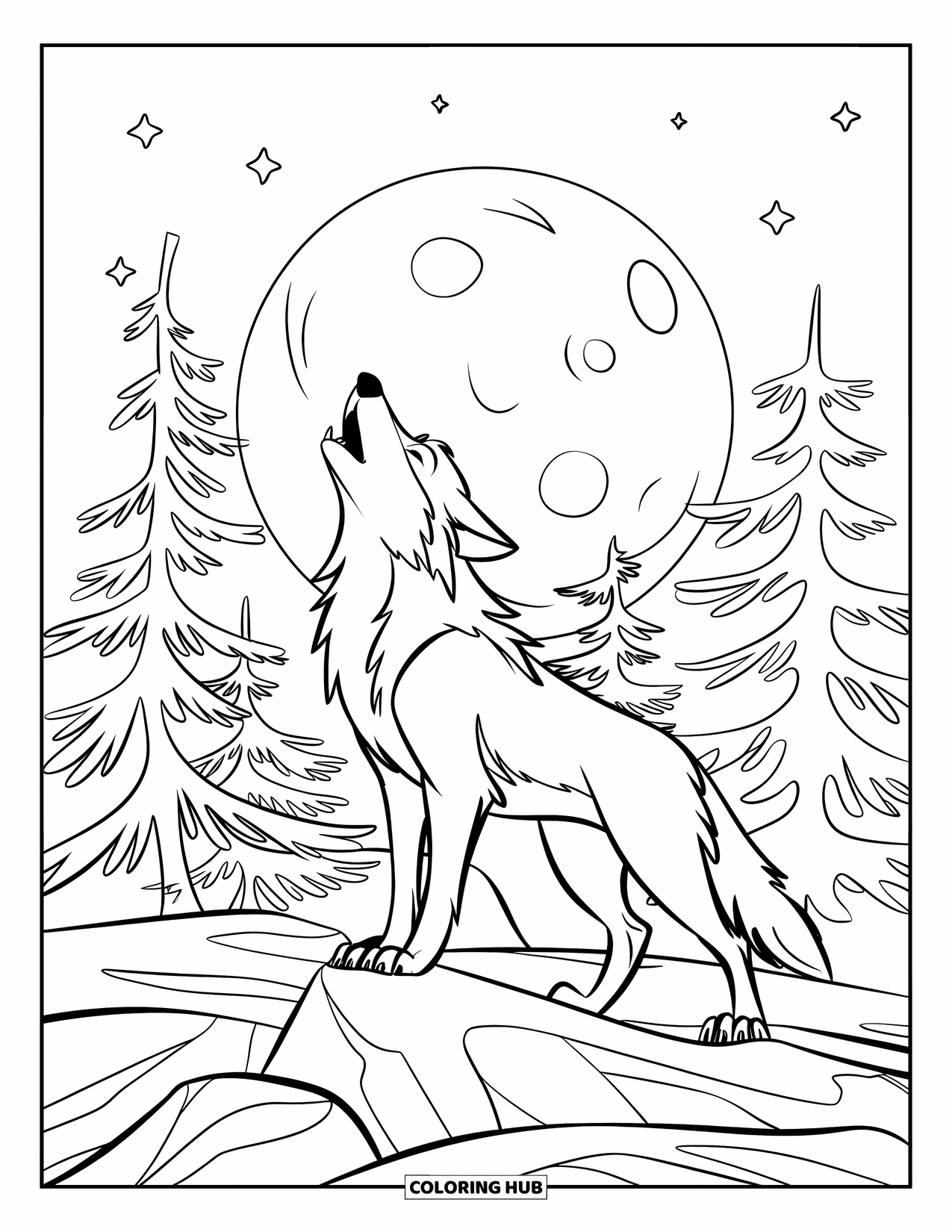 Kolorowanka z wilkiem dla dzieci: Wilk wyje do księżyca ze śnieżnymi drzewami w tle