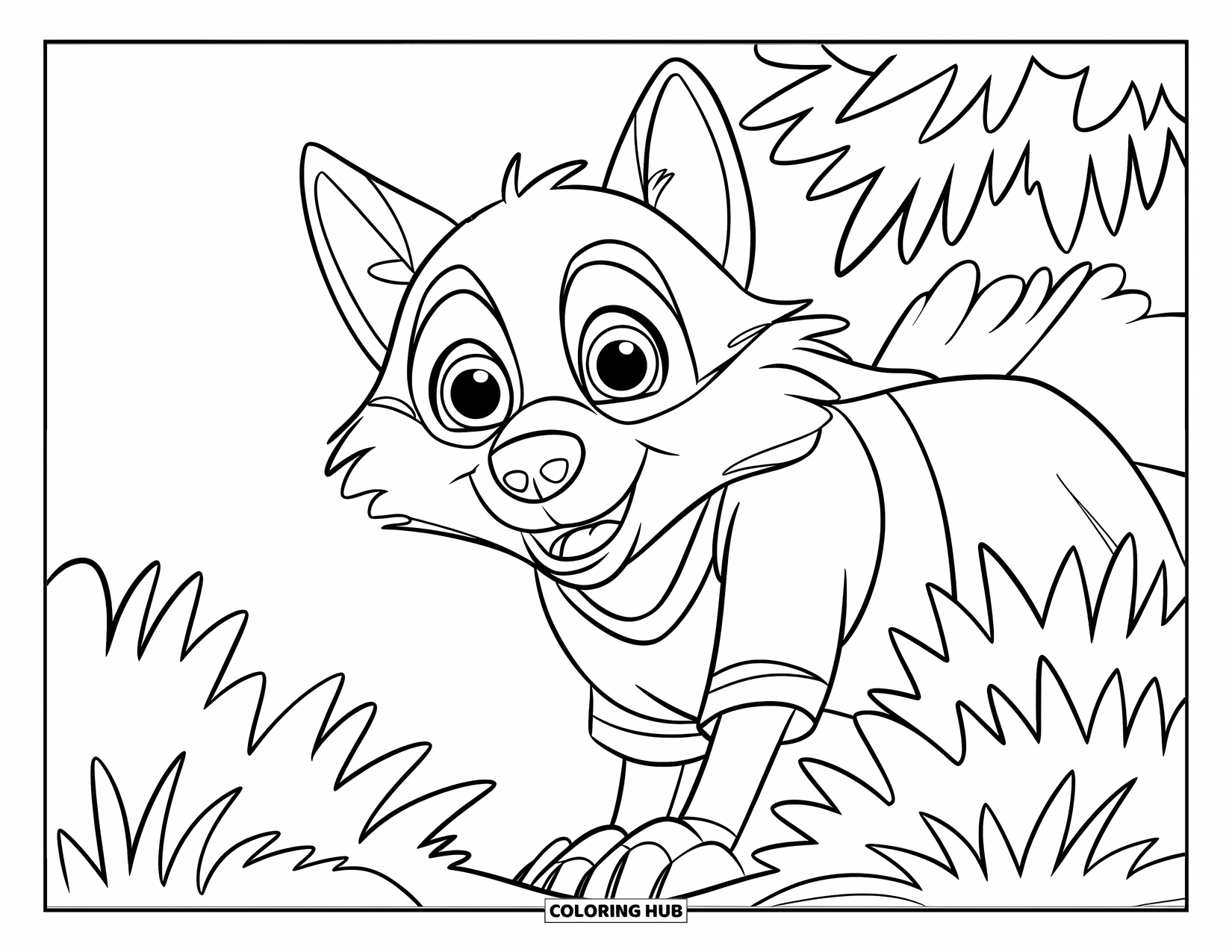 Kolorowanka z wilkiem dla dzieci: Wilk w czerwonej koszuli wygląda zza krzaka