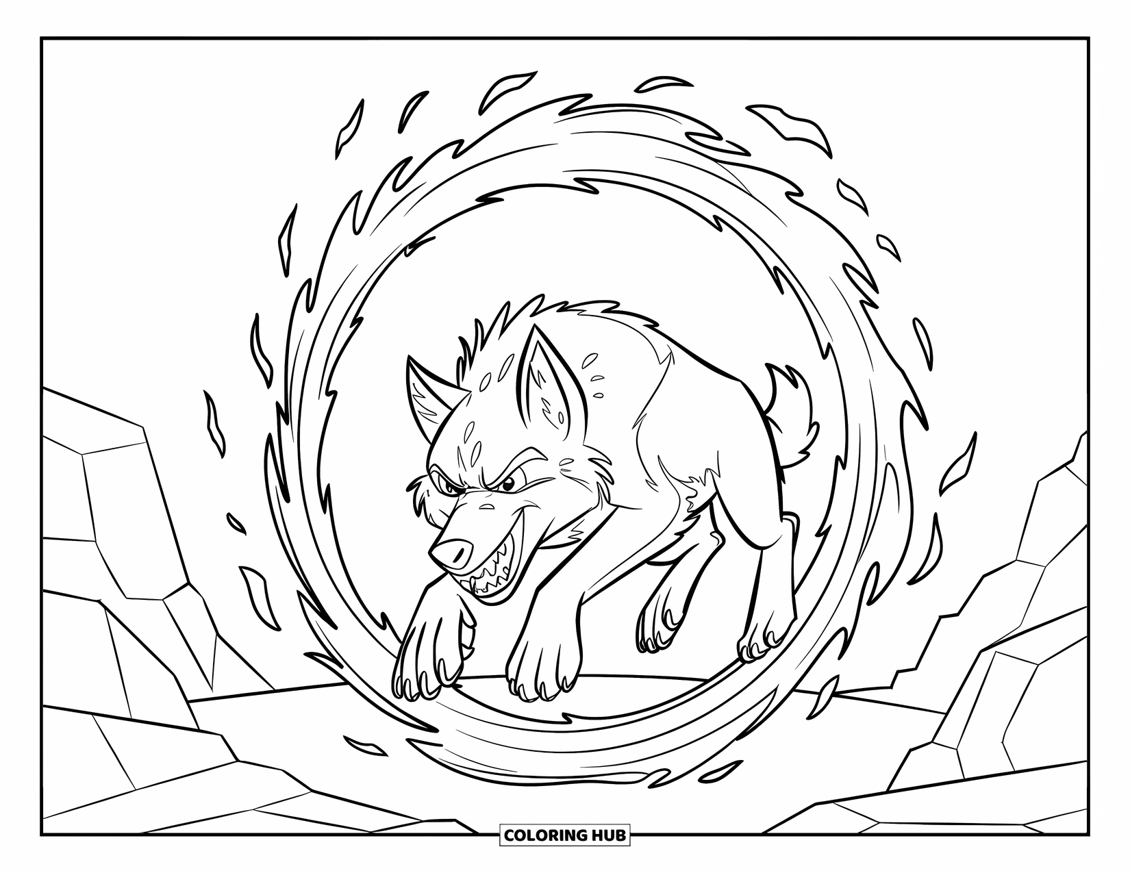 Kolorowanka z wilkiem dla dzieci: Wilk skacze przez płomienie z zaciekłym wyrazem twarzy