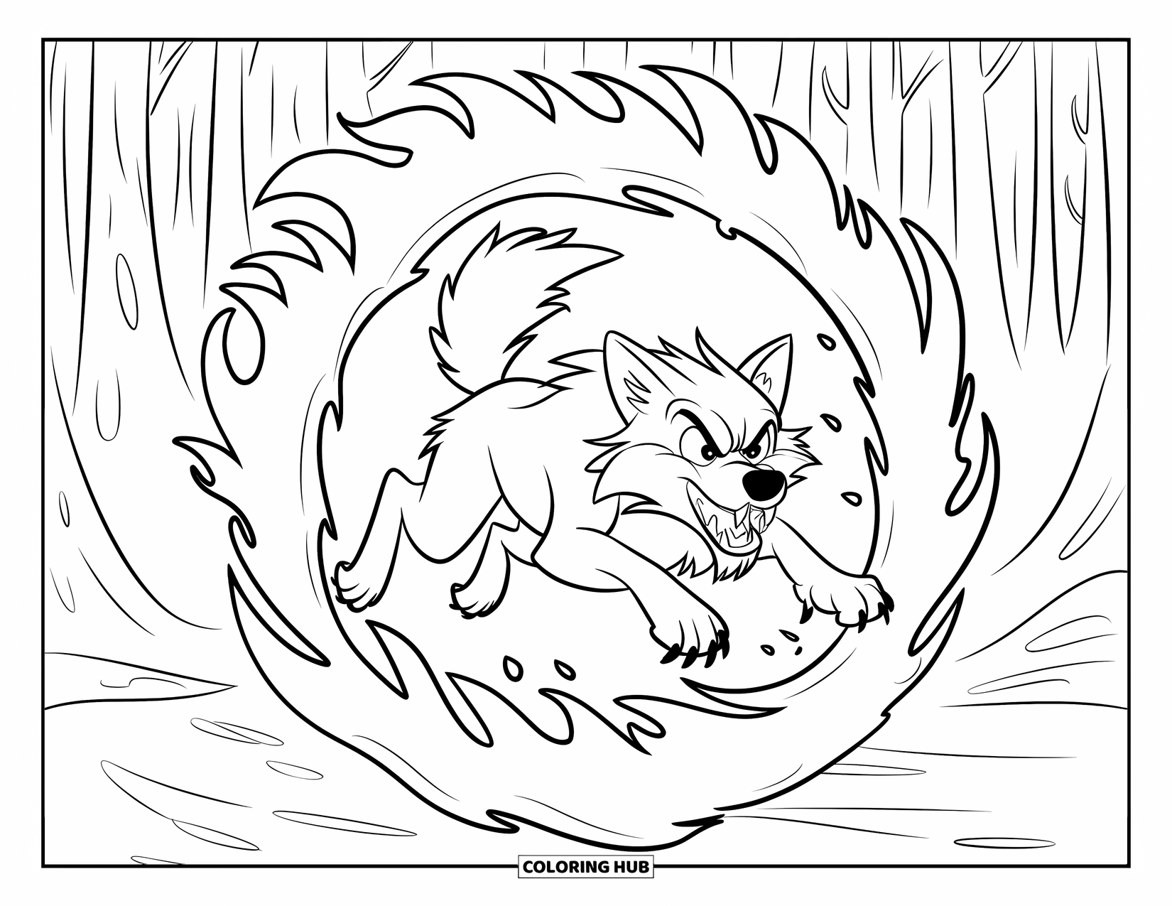 Kolorowanka z wilkiem dla dzieci: Wilk przeskakujący przez wirujące płomienie ze skupionym spojrzeniem