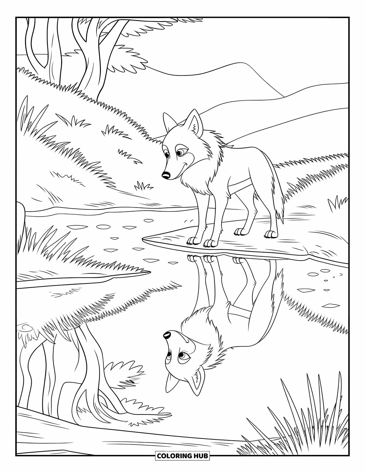 Kolorowanka z wilkiem dla dzieci: Wilk patrzy do stawu otoczonego drzewami