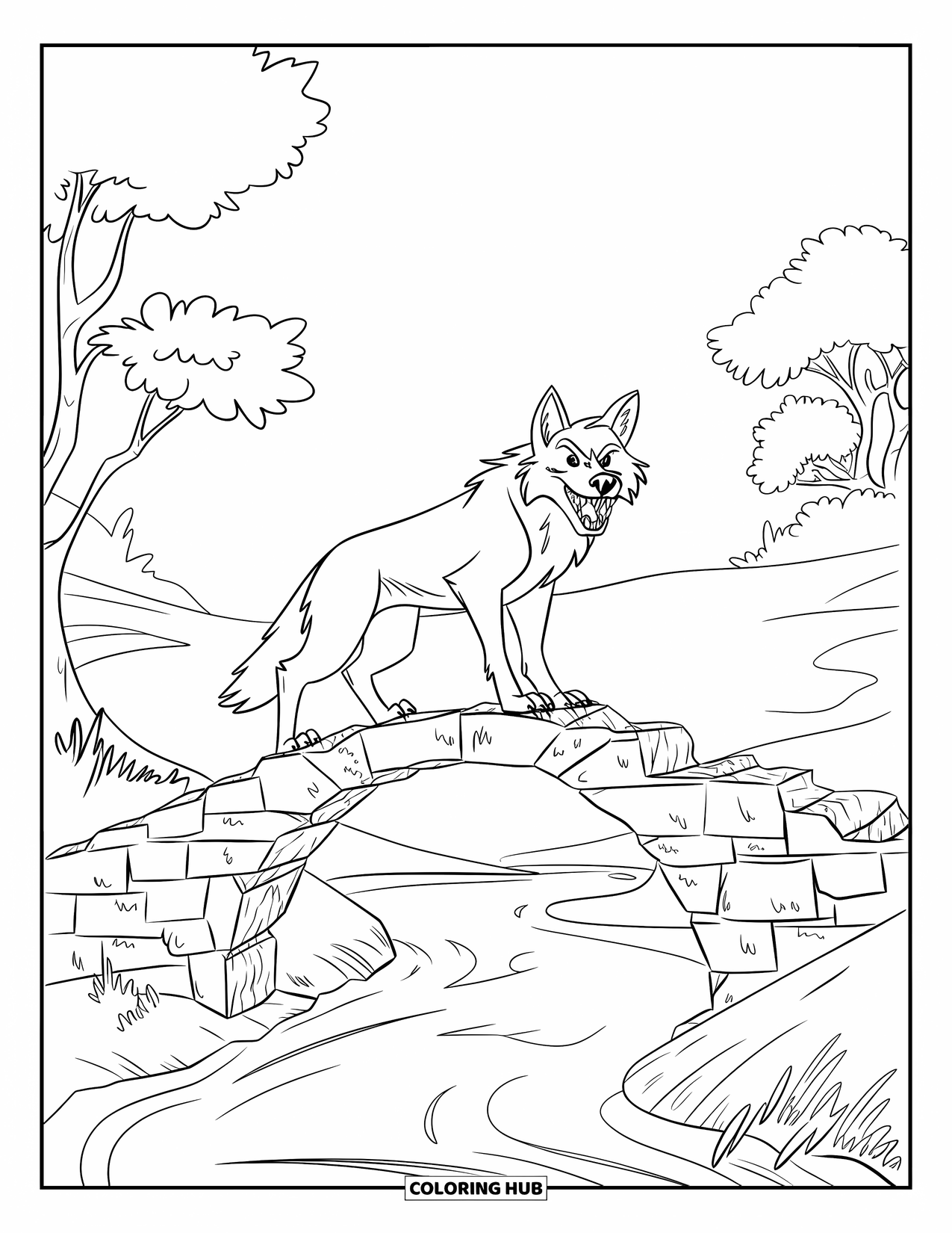 Kolorowanka z wilkiem dla dzieci: Wilk na popękanym kamiennym moście nad płynącą rzeką