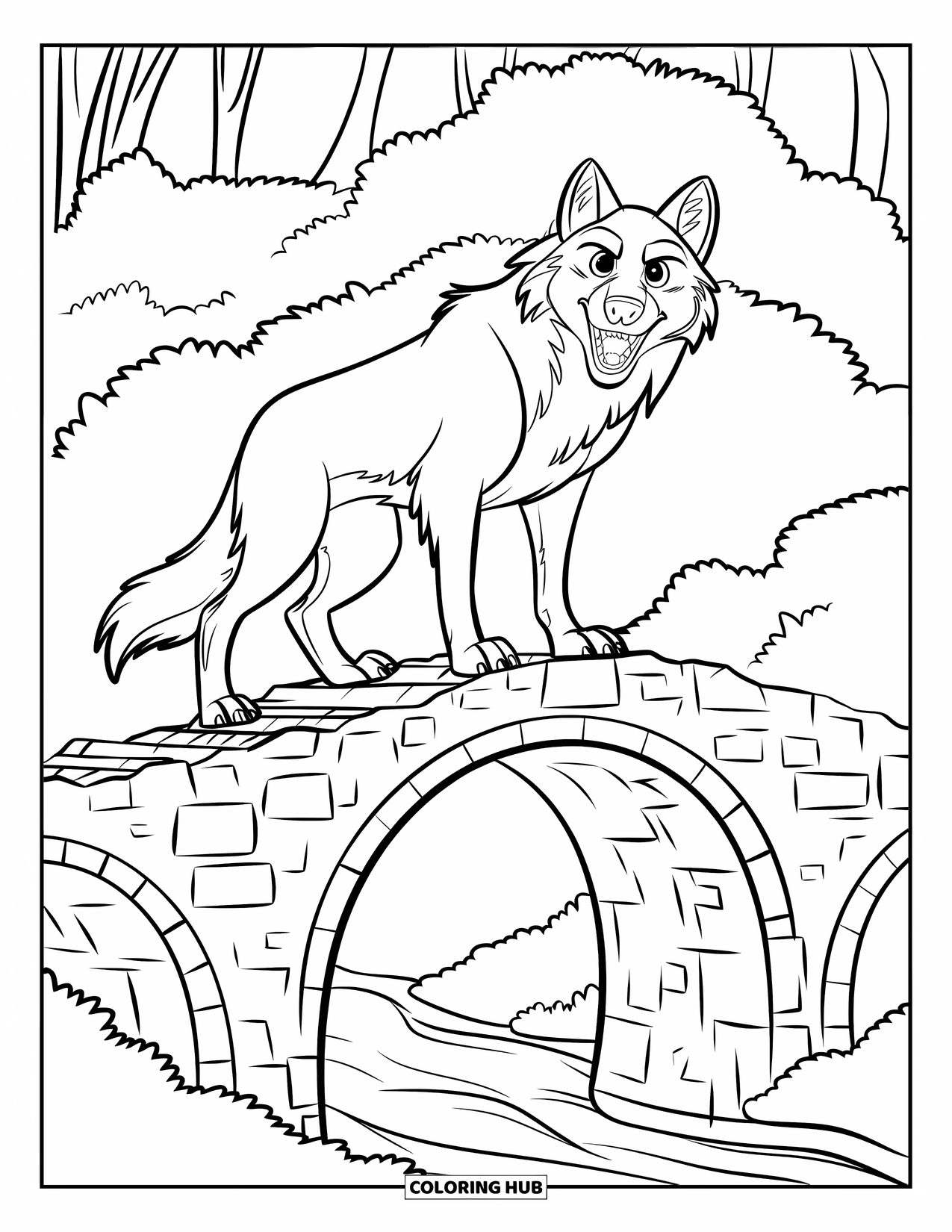 Kolorowanka z wilkiem dla dzieci: Wilk na rozpadającym się kamiennym moście z rzeką pod spodem