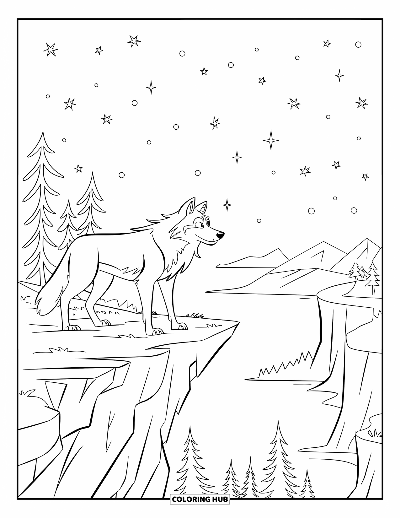 Kolorowanka z wilkiem dla dzieci: Wilk na skalistym klifie czuwa nad rozgwieżdżonym krajobrazem