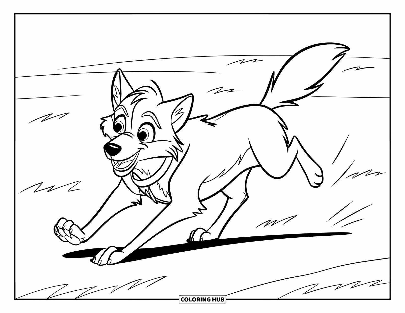 Kolorowanka z wilkiem dla dzieci: Wilk figlarnie goni swój ogon na trawiastej równinie