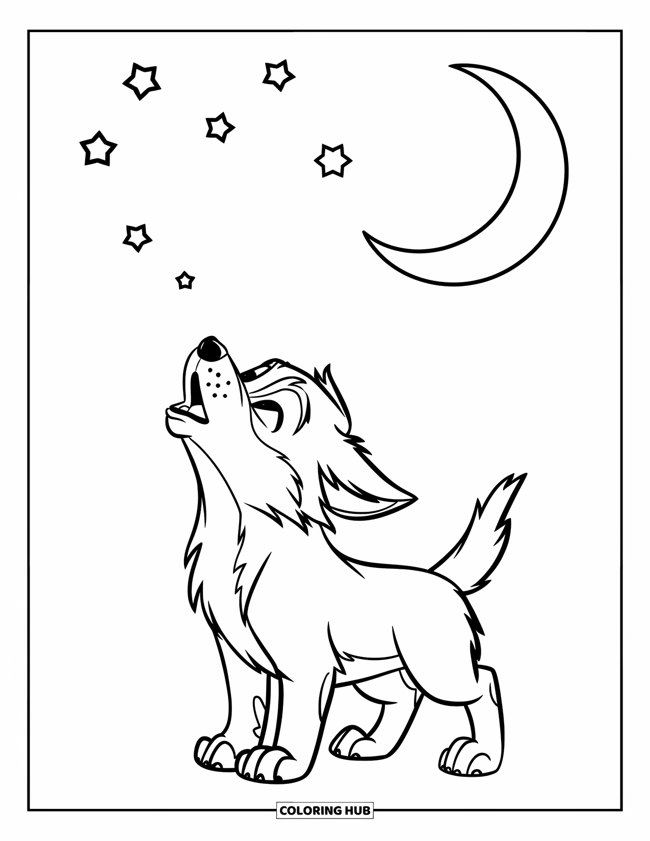 Kolorowanka z wilkiem dla dzieci: Szczeniak wilka wyje do sierpa księżyca pod gwiazdami